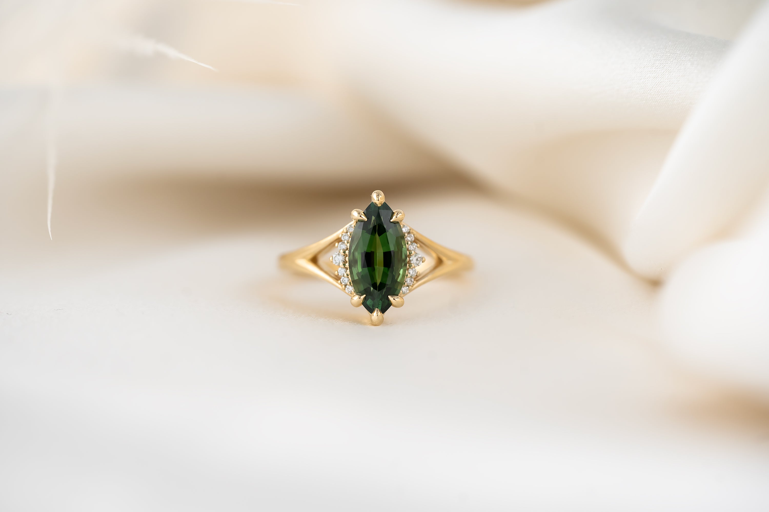 The Serendipity Ring | 1.74 CT Marquise Green Tourmaline - Lavender Creek Gems