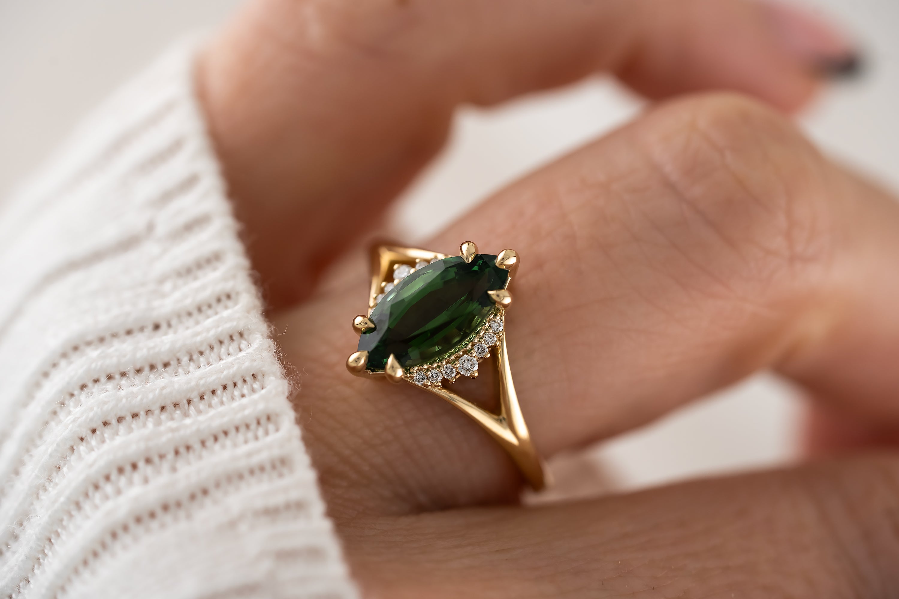 The Serendipity Ring | 1.74 CT Marquise Green Tourmaline - Lavender Creek Gems