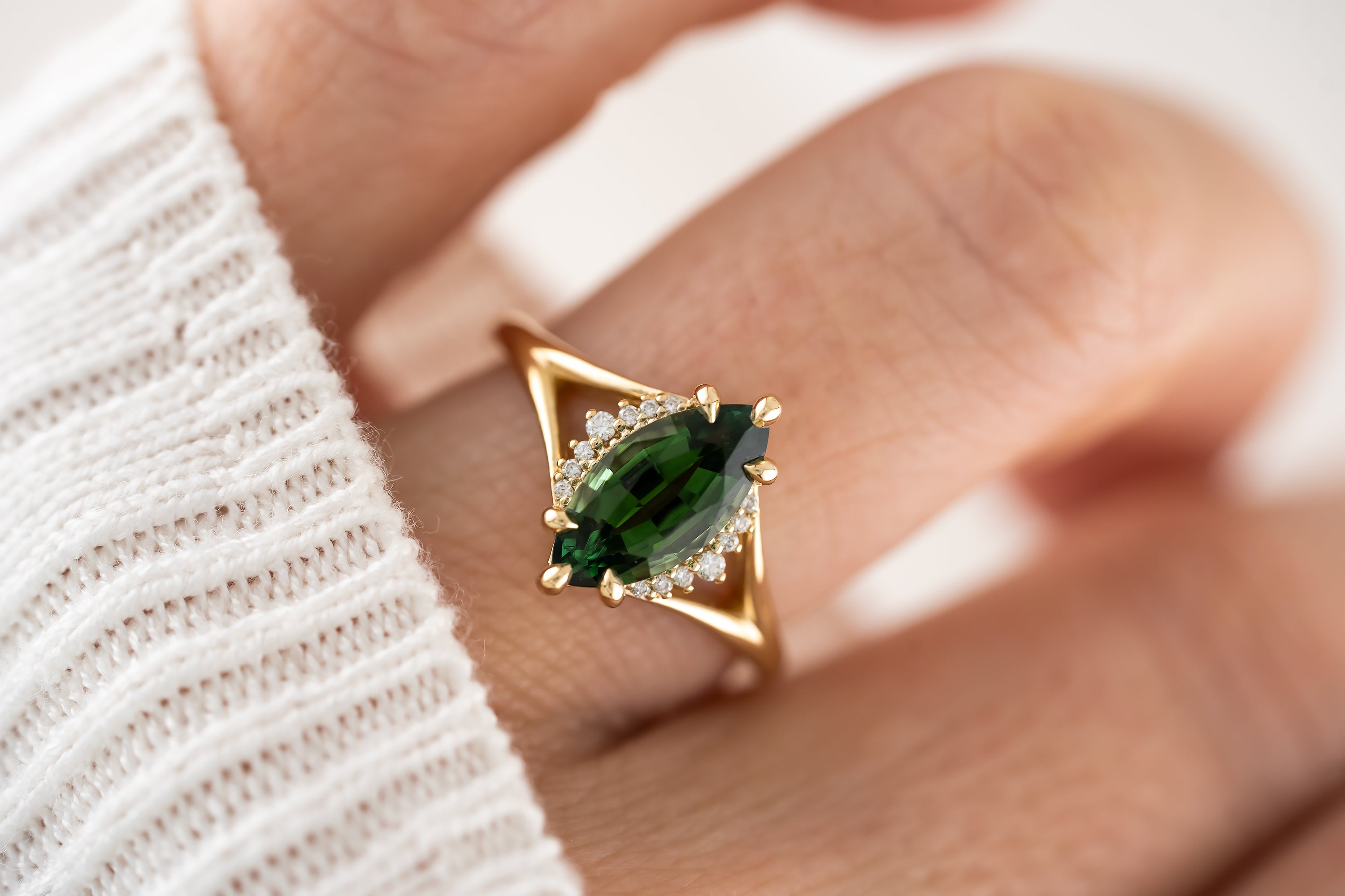 The Serendipity Ring | 1.74 CT Marquise Green Tourmaline - Lavender Creek Gems