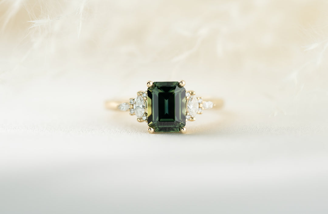 The Maeve 2.25 CT Emerald Cut Teal Green Sapphire Ring