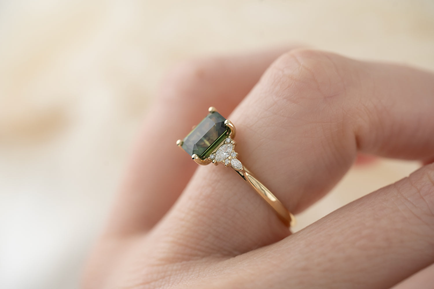 The Maeve 2.25 CT Emerald Cut Teal Green Sapphire Ring - Lavender Creek Gems