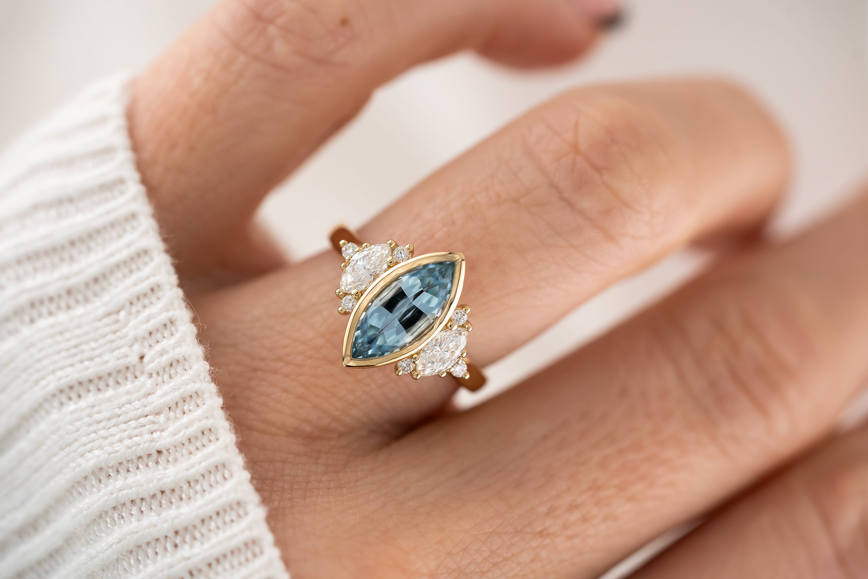 The Bezel Maren Ring | 1.47 CT Marquise Aquamarine - Lavender Creek Gems