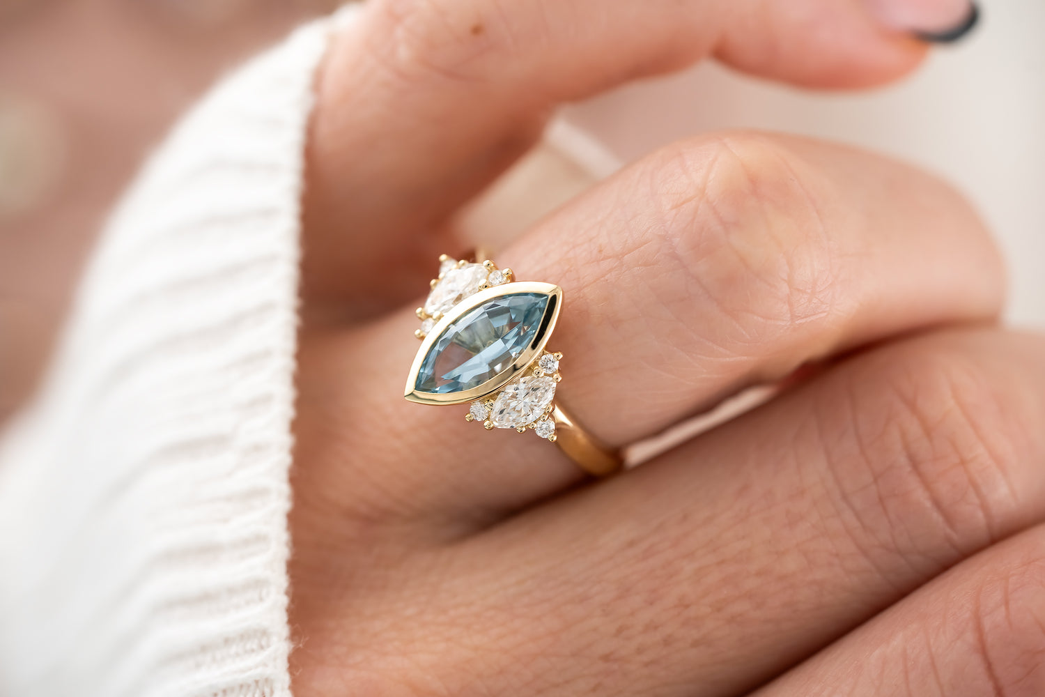The Bezel Maren Ring | 1.47 CT Marquise Aquamarine - Lavender Creek Gems