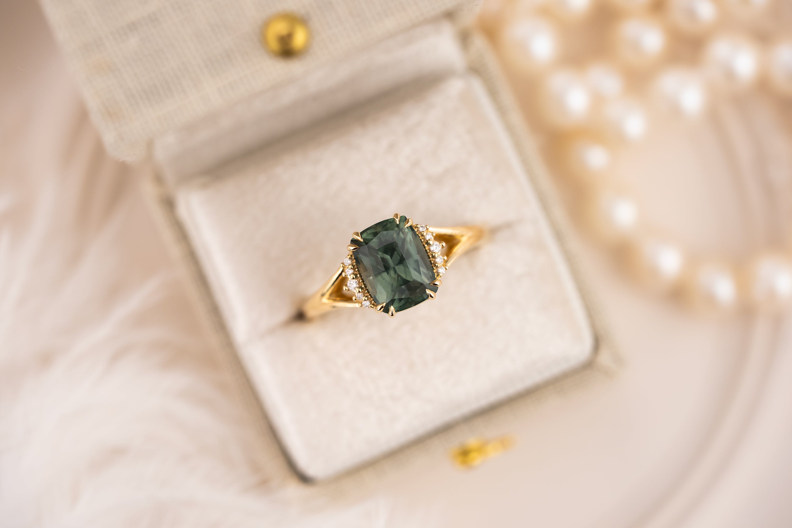 The Serendipity Ring | 2.57 CT Elongated Cushion Green Sapphire - Lavender Creek Gems