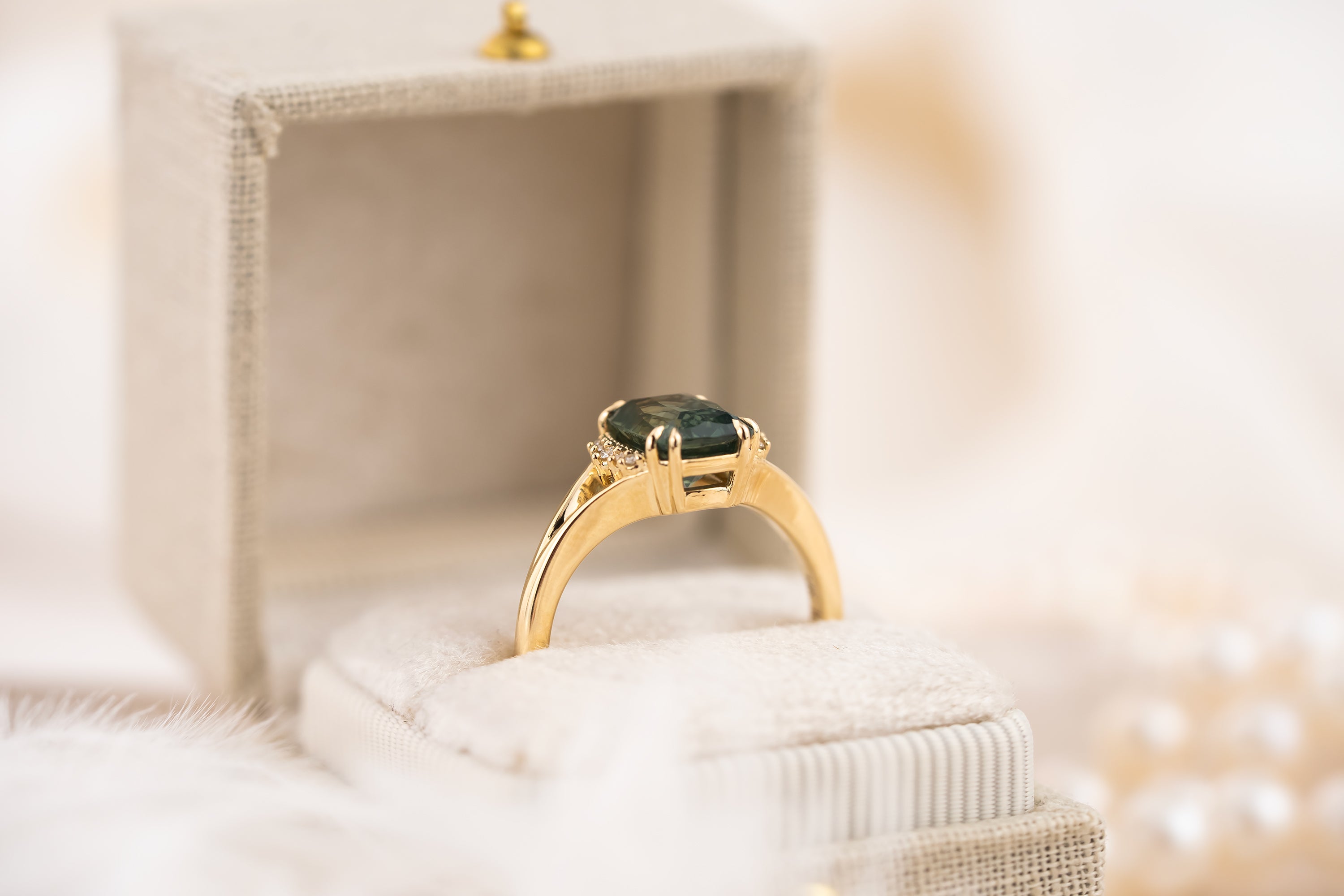 The Serendipity Ring | 2.57 CT Elongated Cushion Green Sapphire - Lavender Creek Gems