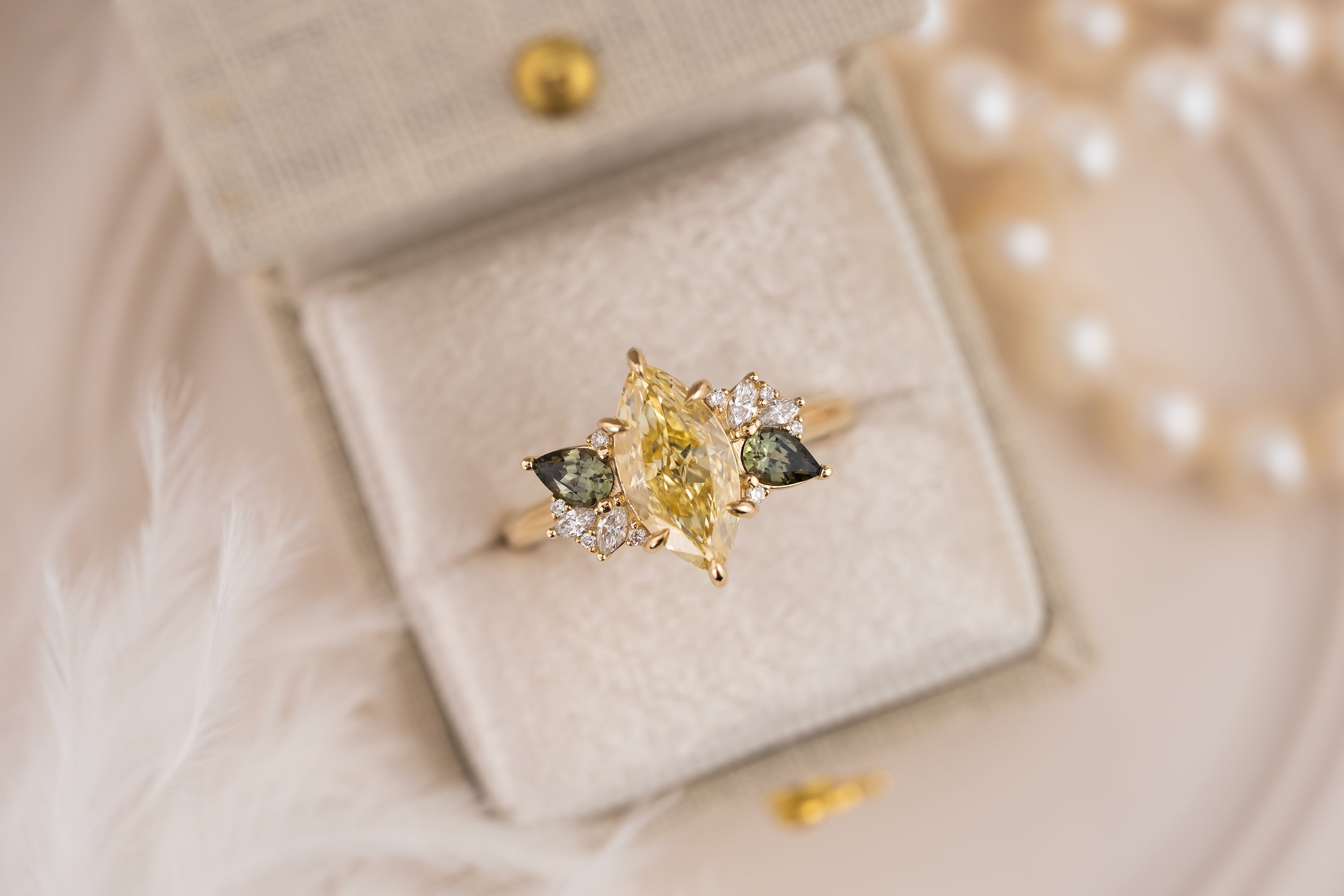 The Fleur Ring | 2.03 CT Marquise Yellow Diamond + Dark Green Sapphire - Lavender Creek Gems