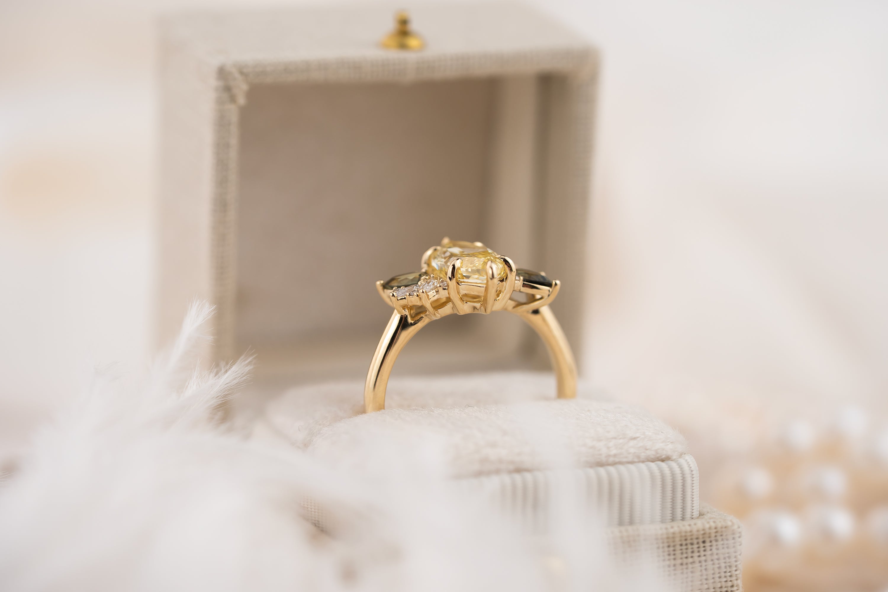 The Fleur Ring | 2.03 CT Marquise Yellow Diamond + Dark Green Sapphire - Lavender Creek Gems