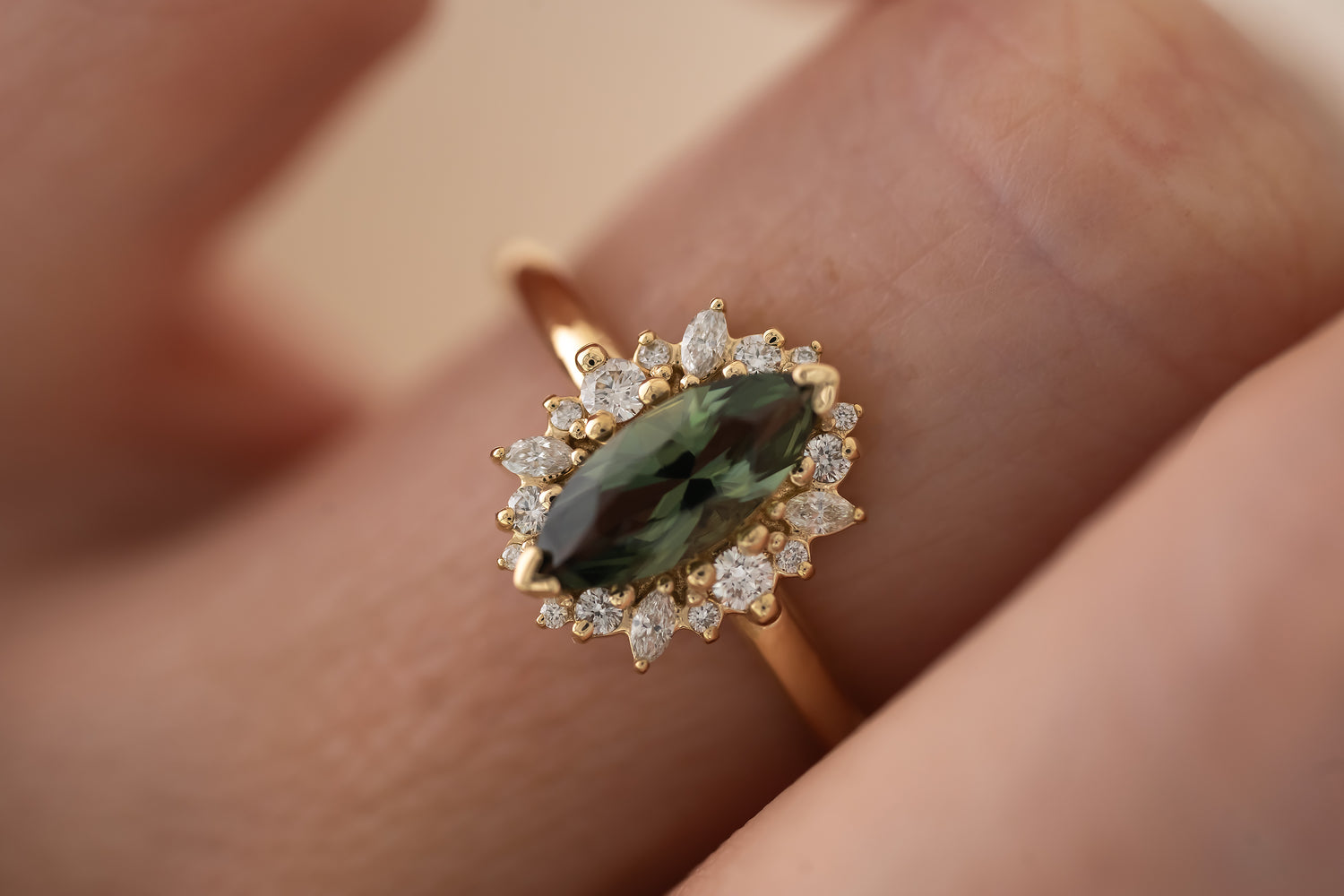 The Eleanor Ring | 1 CT Marquise Teal Green Sapphire - Lavender Creek Gems