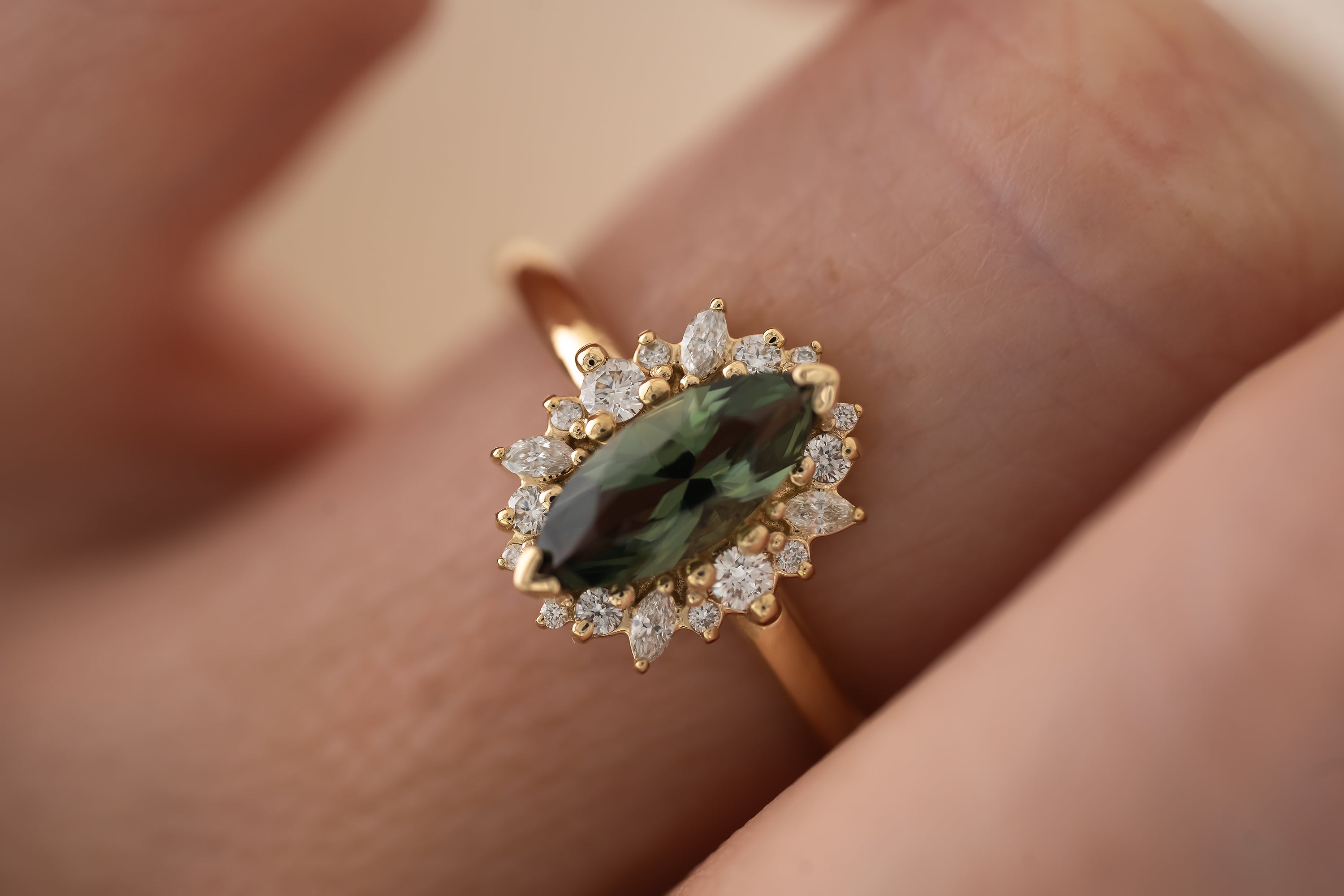 The Eleanor Ring | 1 CT Marquise Teal Green Sapphire - Lavender Creek Gems