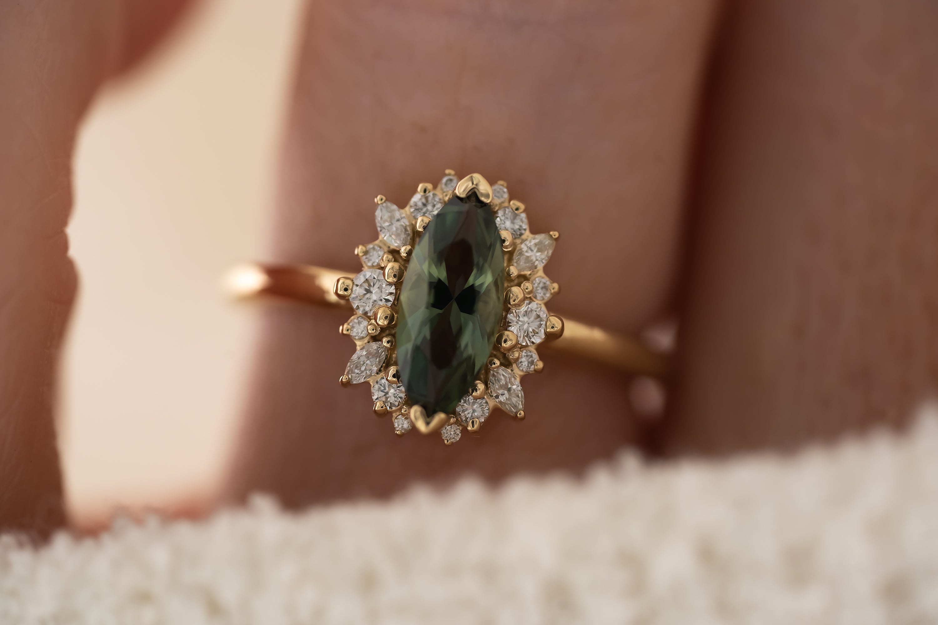 The Eleanor Ring | 1 CT Marquise Teal Green Sapphire - Lavender Creek Gems