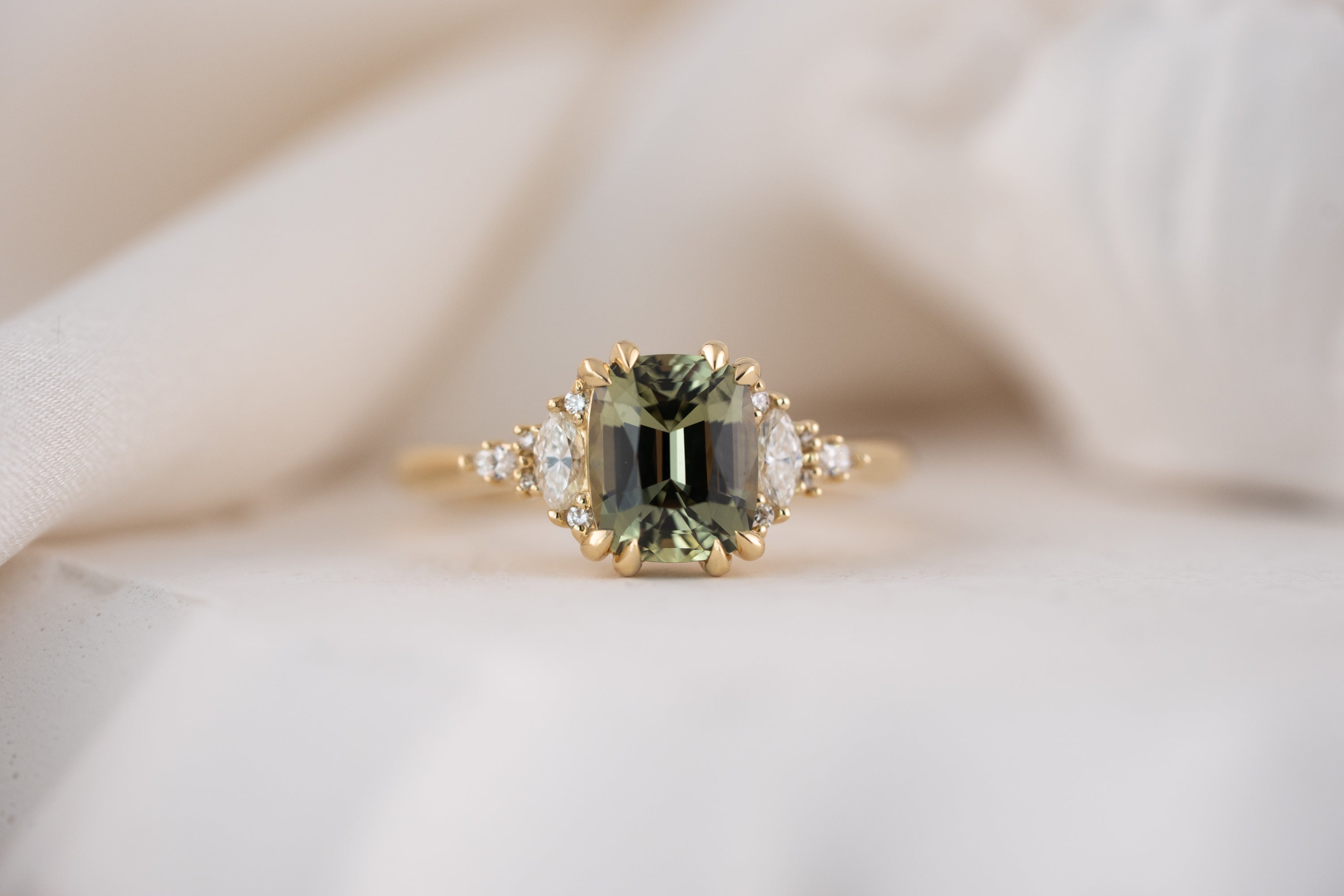 The Maeve Ring | 2 CT Cushion Green Sapphire - Lavender Creek Gems
