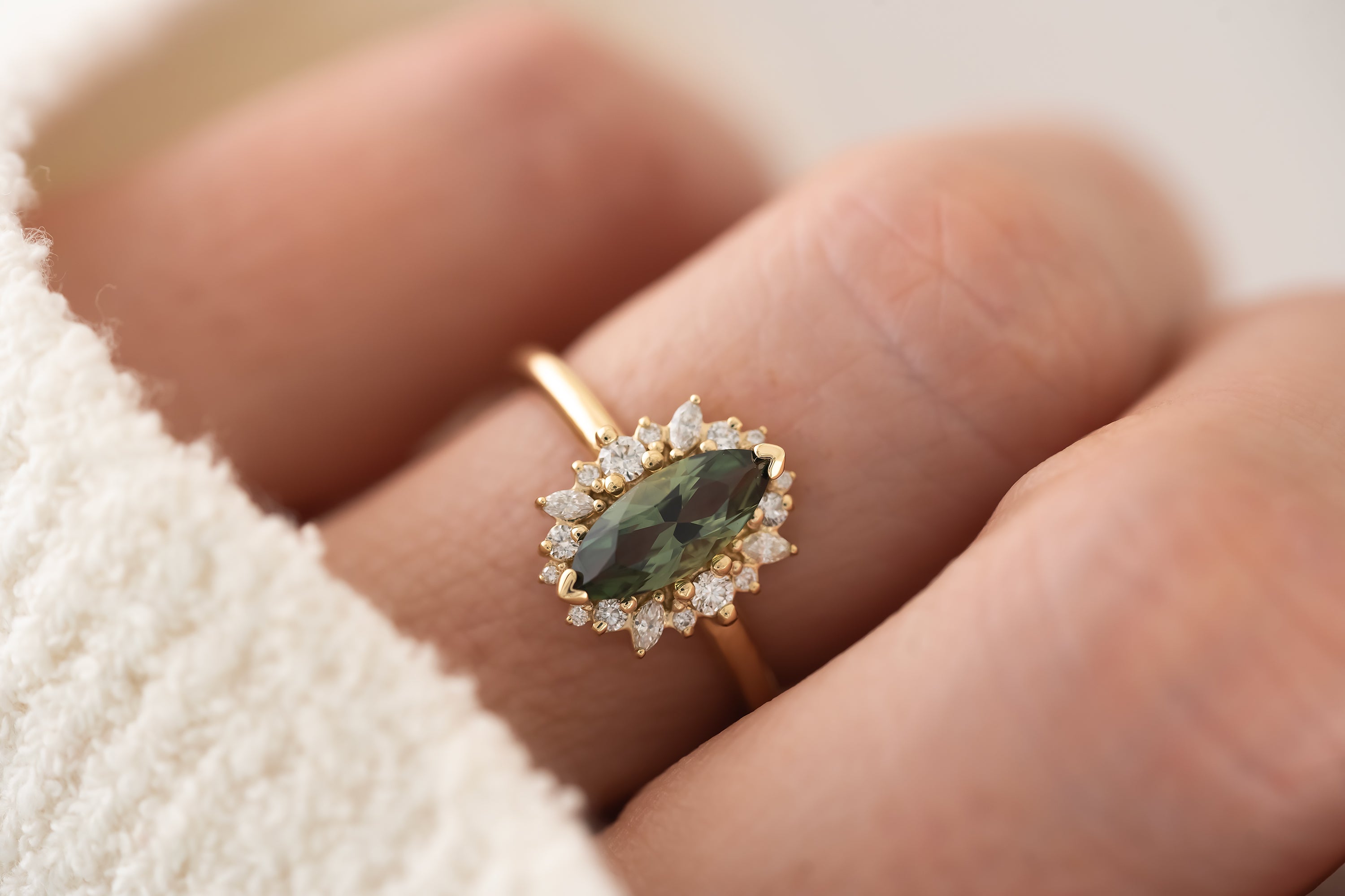 The Eleanor Ring | 1 CT Marquise Teal Green Sapphire - Lavender Creek Gems