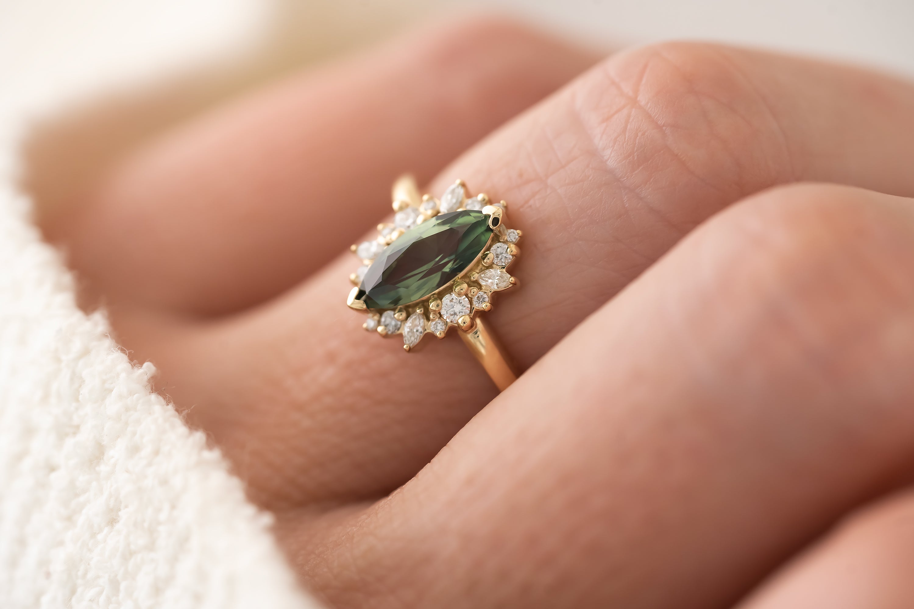 The Eleanor Ring | 1 CT Marquise Teal Green Sapphire - Lavender Creek Gems