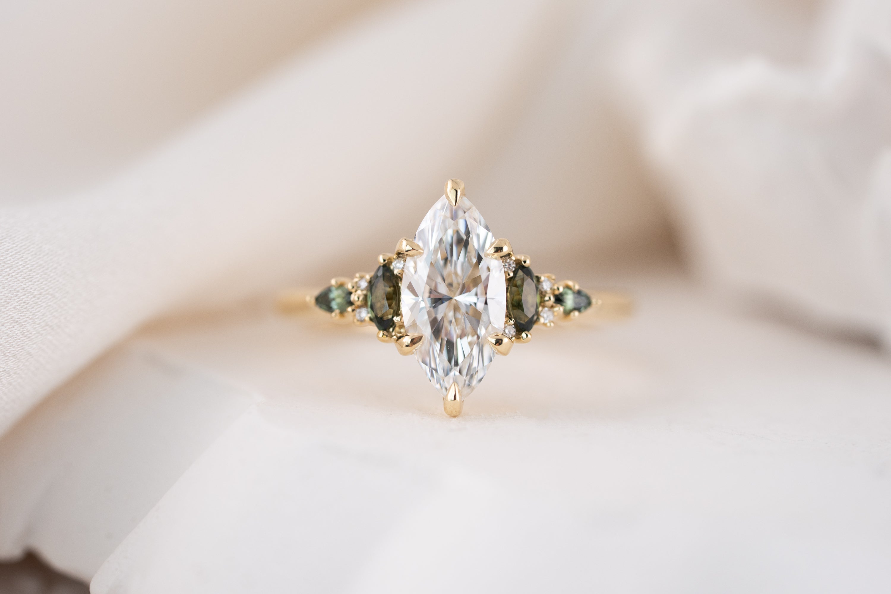 The Maeve Ring | 1.5 CT Marquise Diamond + Dark Green Sapphire
