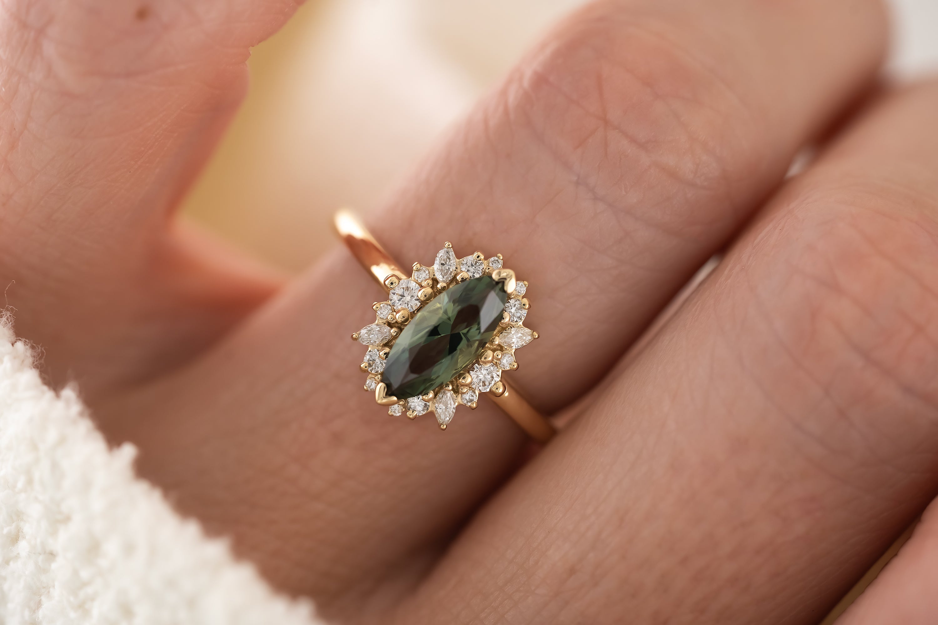 The Eleanor Ring | 1 CT Marquise Teal Green Sapphire - Lavender Creek Gems