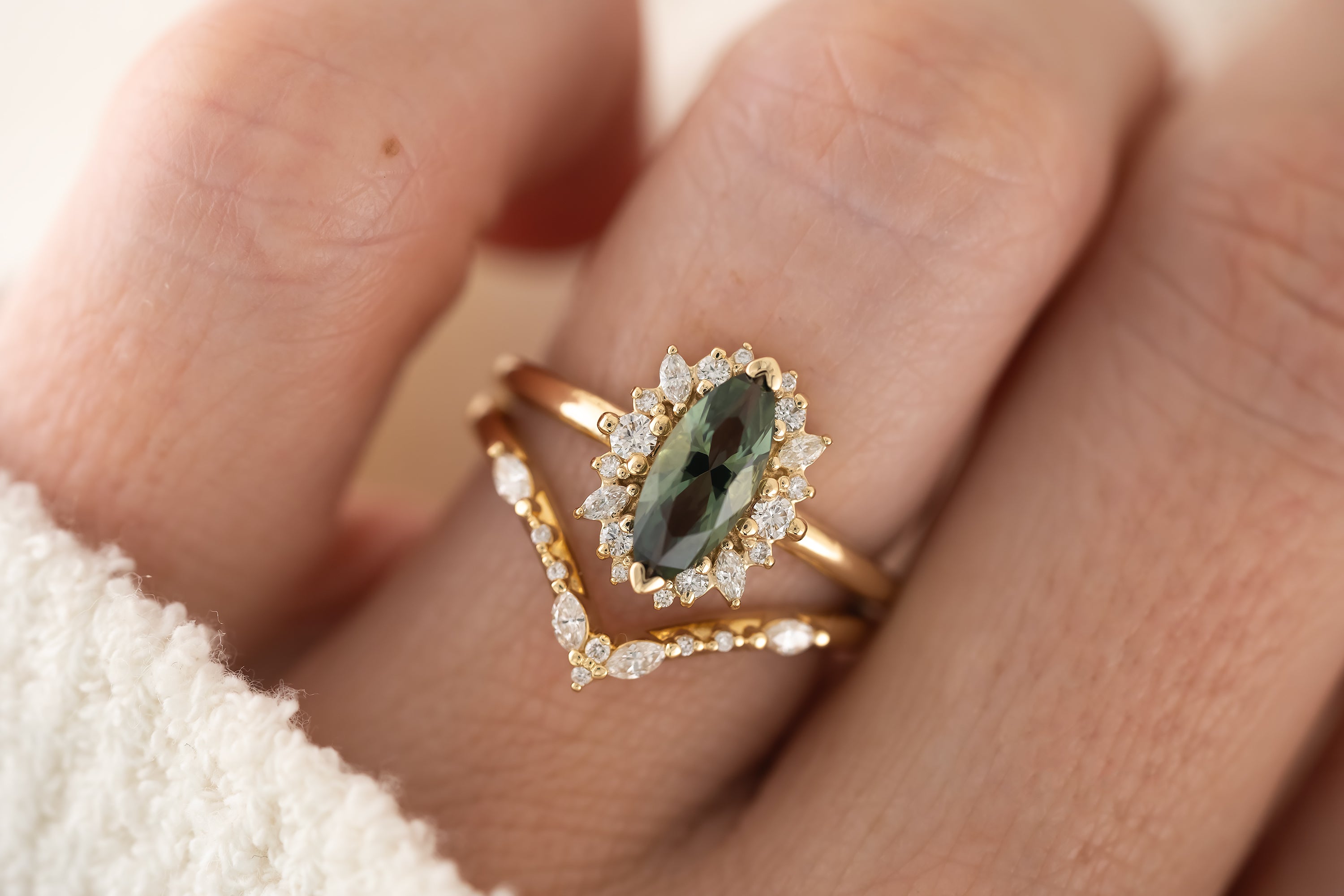 The Eleanor Ring | 1 CT Marquise Teal Green Sapphire - Lavender Creek Gems