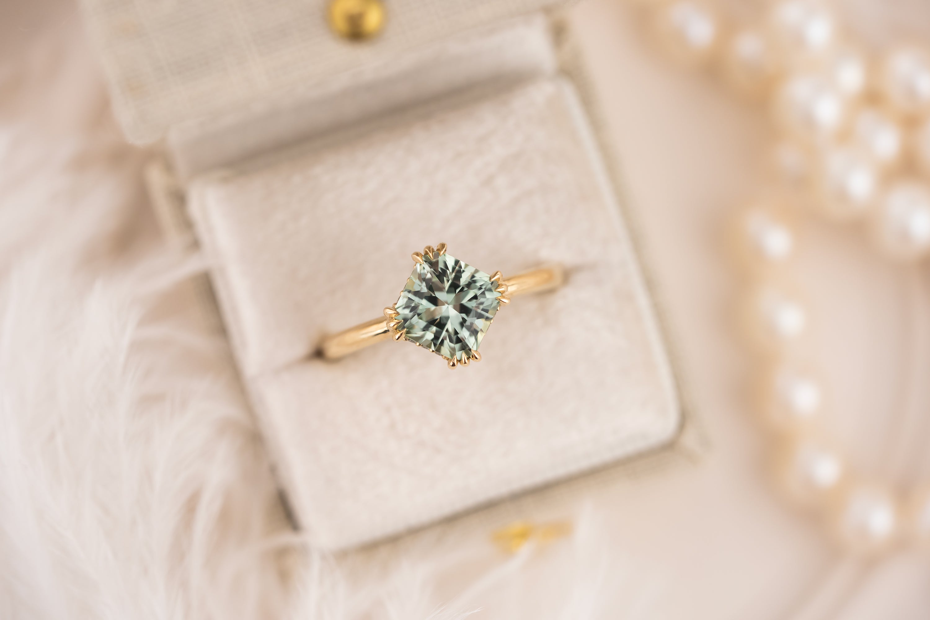 The Thalassa Ring | 2.01 CT Square Radiant Mint/Sage Green Tourmaline + Hidden Halo - Lavender Creek Gems