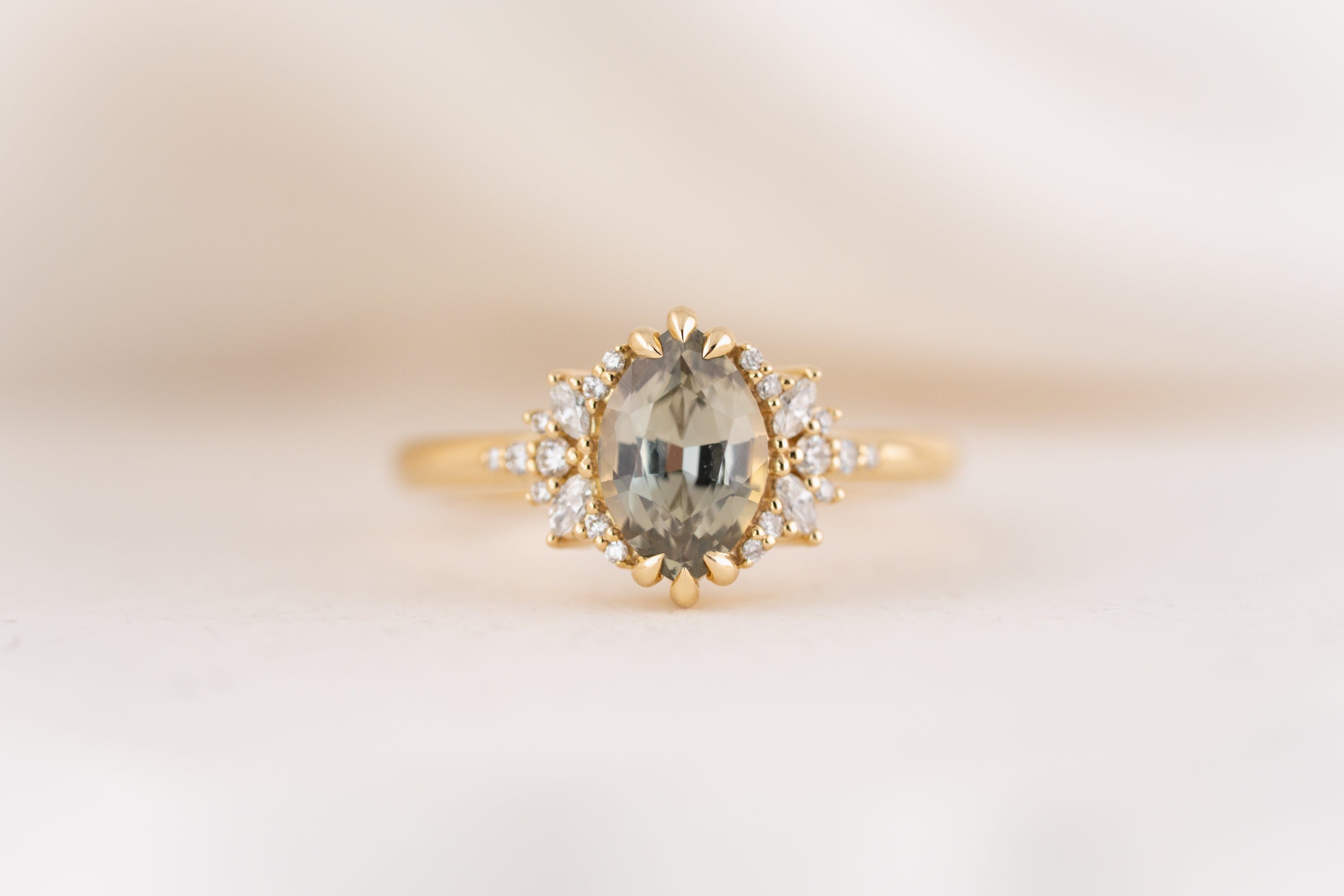 The Reverie Ring | 1.61 CT Marquise Gray Green Sapphire - Lavender Creek Gems