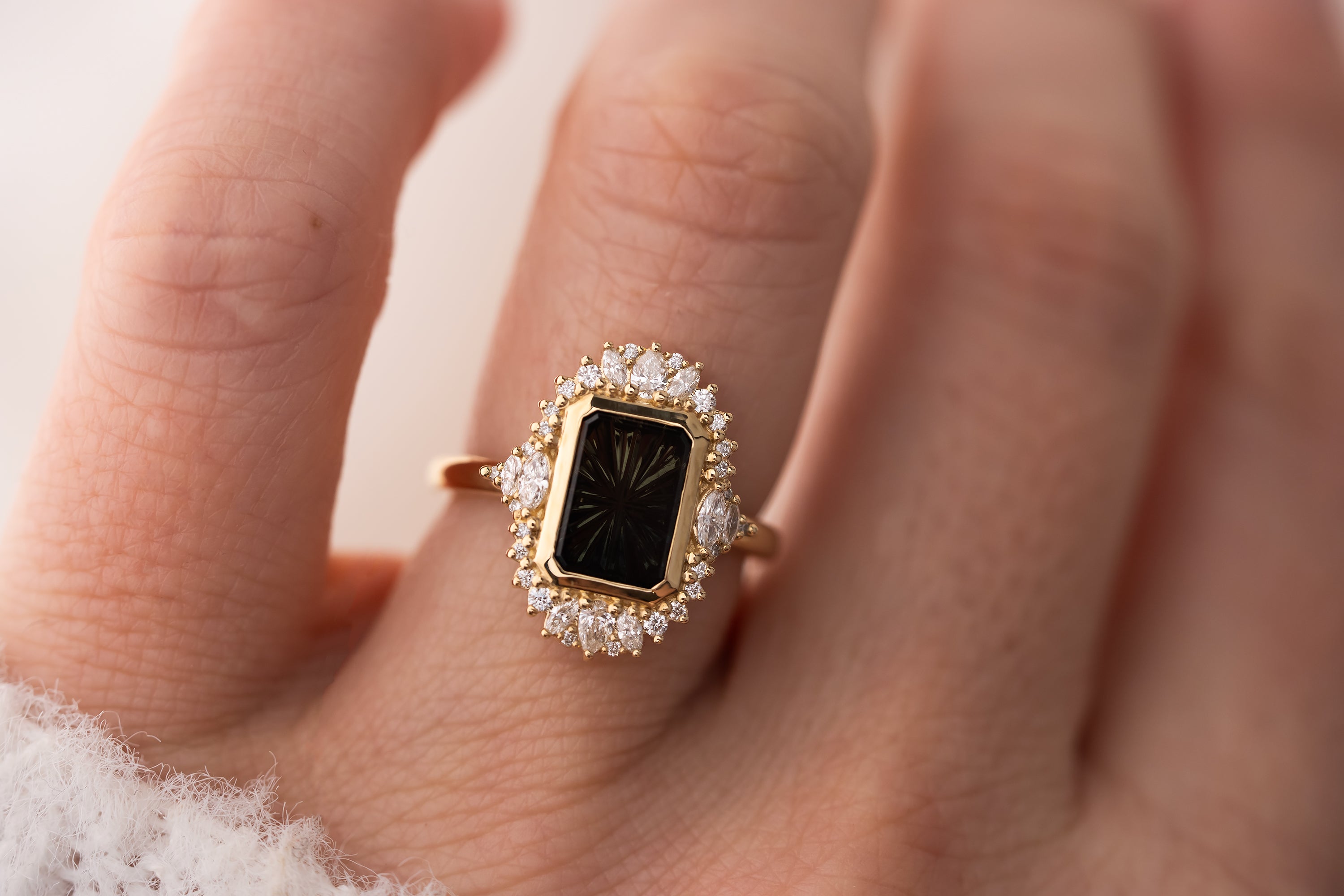 The Ethereal Ring | 2.69 CT Rectangular Starbrite™ Dark Green Bicolor Australian Sapphire - Lavender Creek Gems