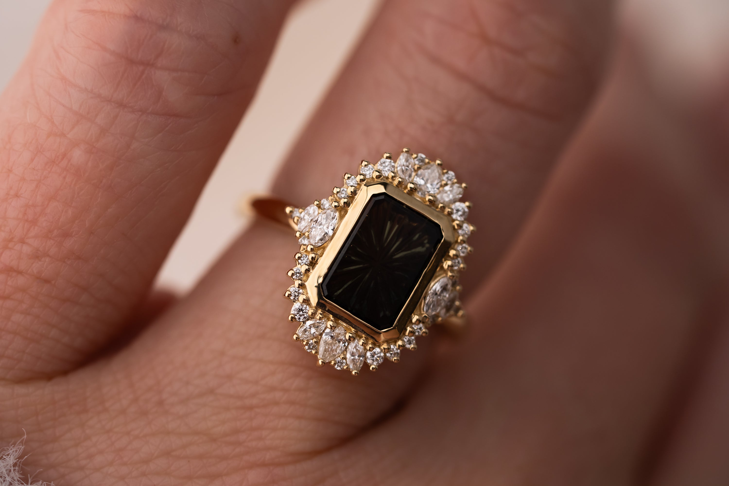 The Ethereal Ring | 2.69 CT Rectangular Starbrite™ Dark Green Bicolor Australian Sapphire - Lavender Creek Gems