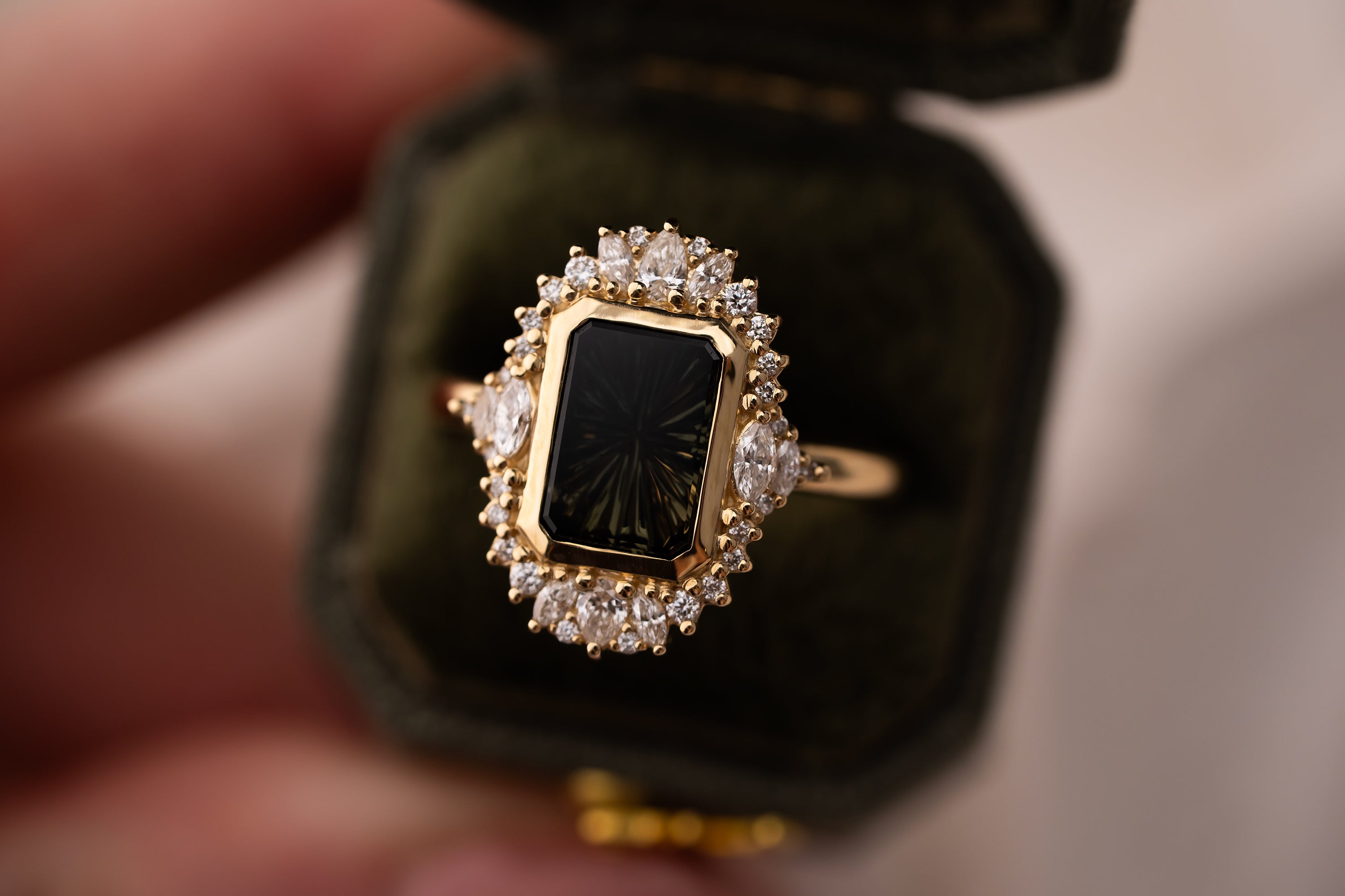 The Ethereal Ring | 2.69 CT Rectangular Starbrite™ Dark Green Bicolor Australian Sapphire - Lavender Creek Gems