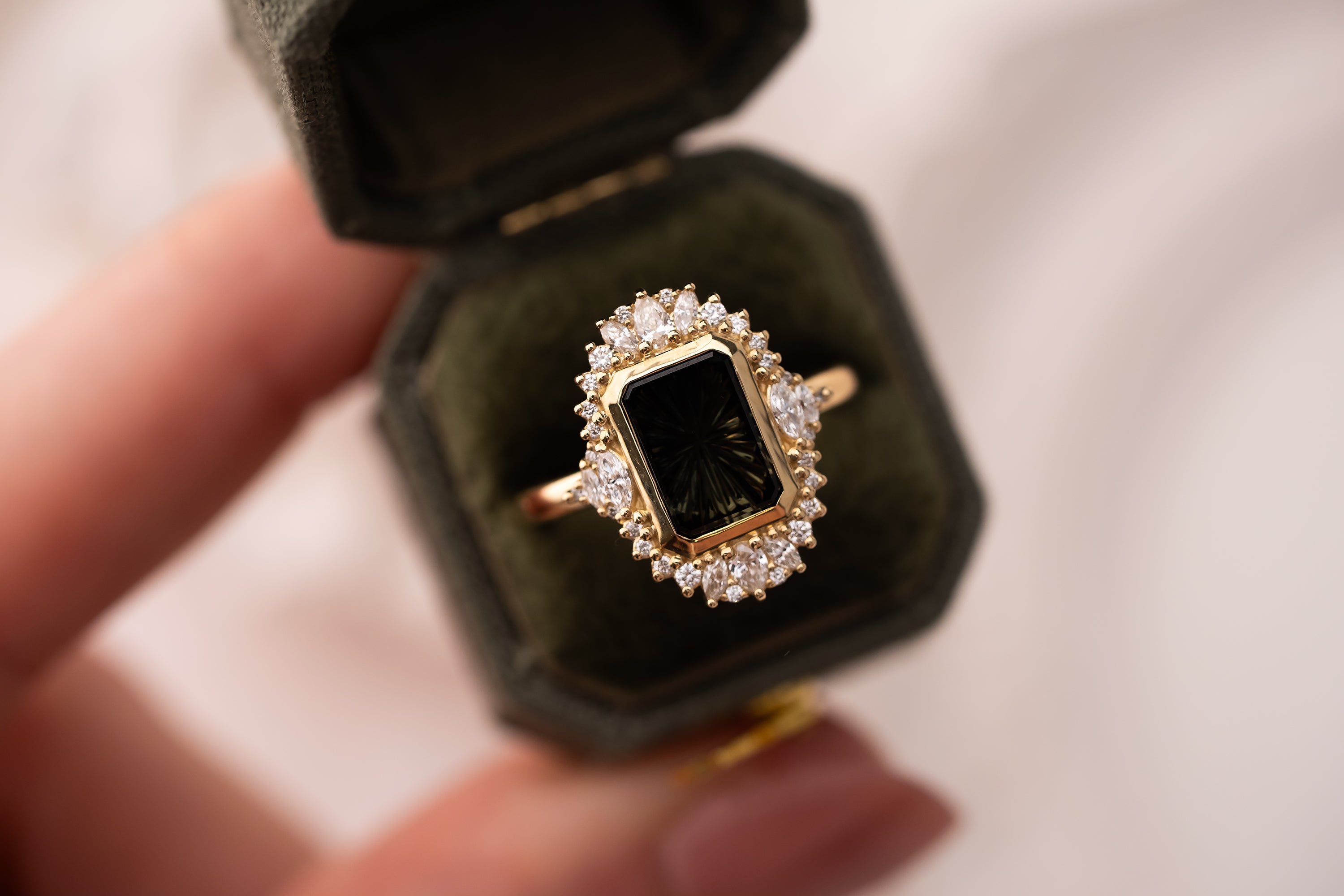 The Ethereal Ring | 2.69 CT Rectangular Starbrite™ Dark Green Bicolor Australian Sapphire - Lavender Creek Gems