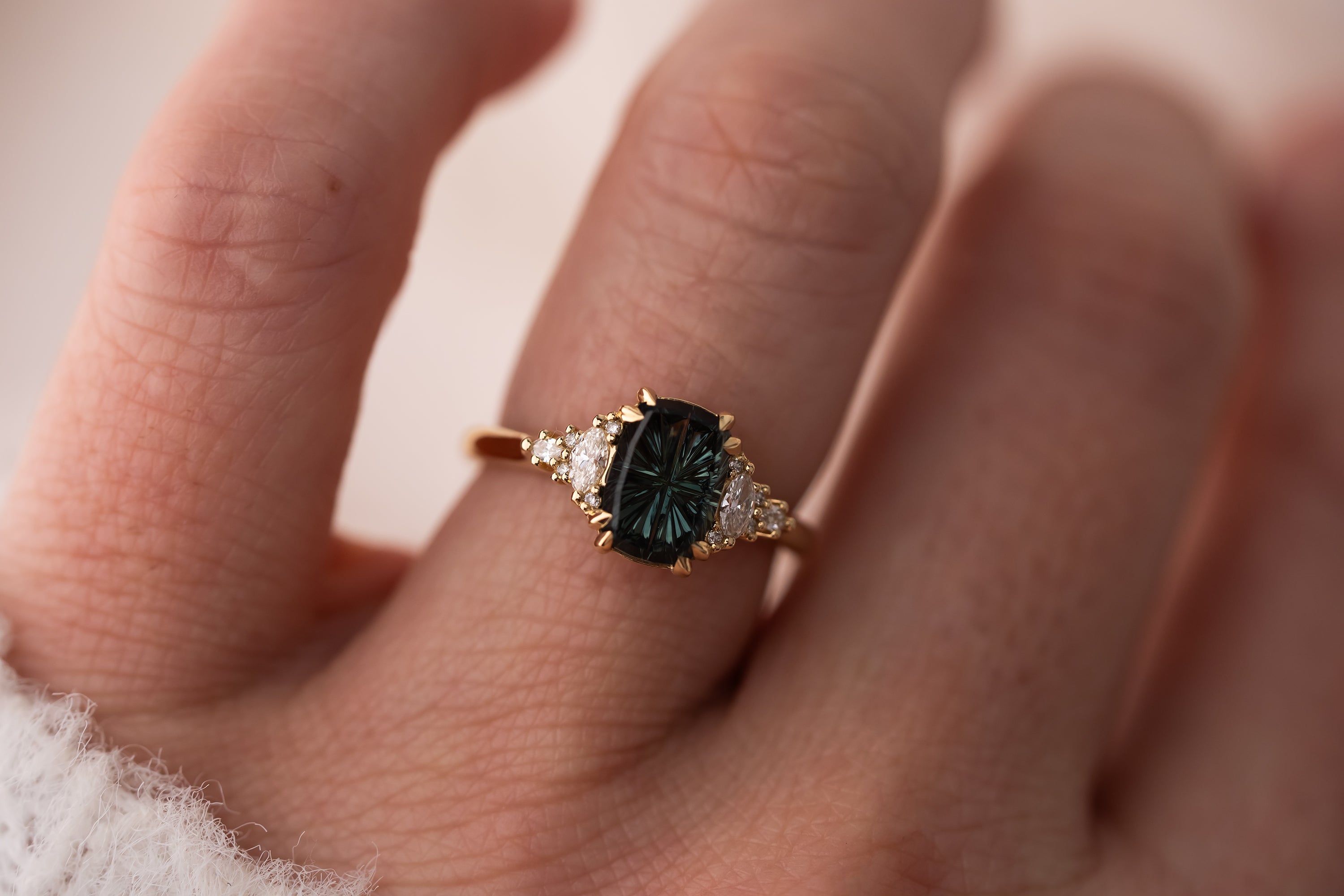 The Maeve Ring | 2.21 CT Elongated Cushion Starbrite™ Teal Green Australian Sapphire - Lavender Creek Gems