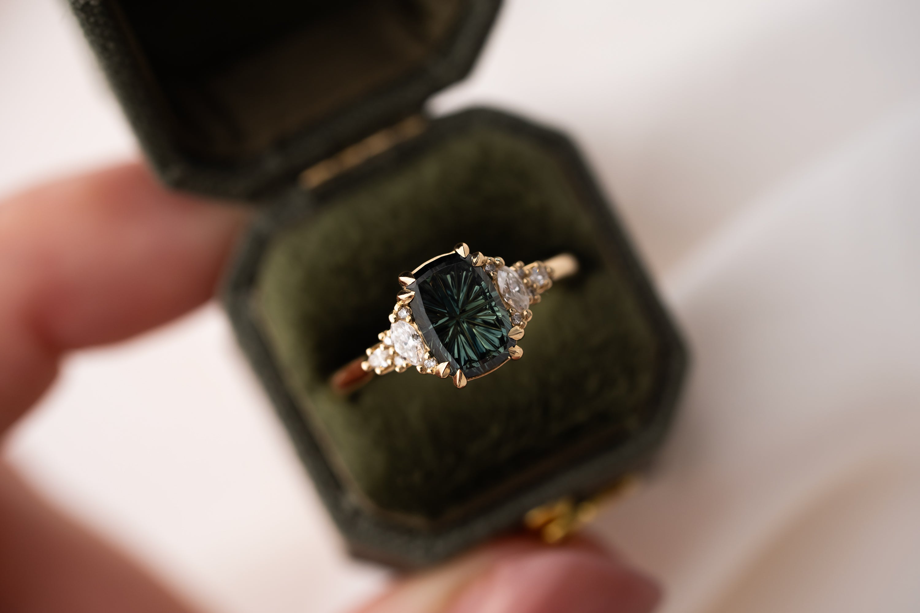The Maeve Ring | 2.21 CT Elongated Cushion Starbrite™ Teal Green Australian Sapphire - Lavender Creek Gems