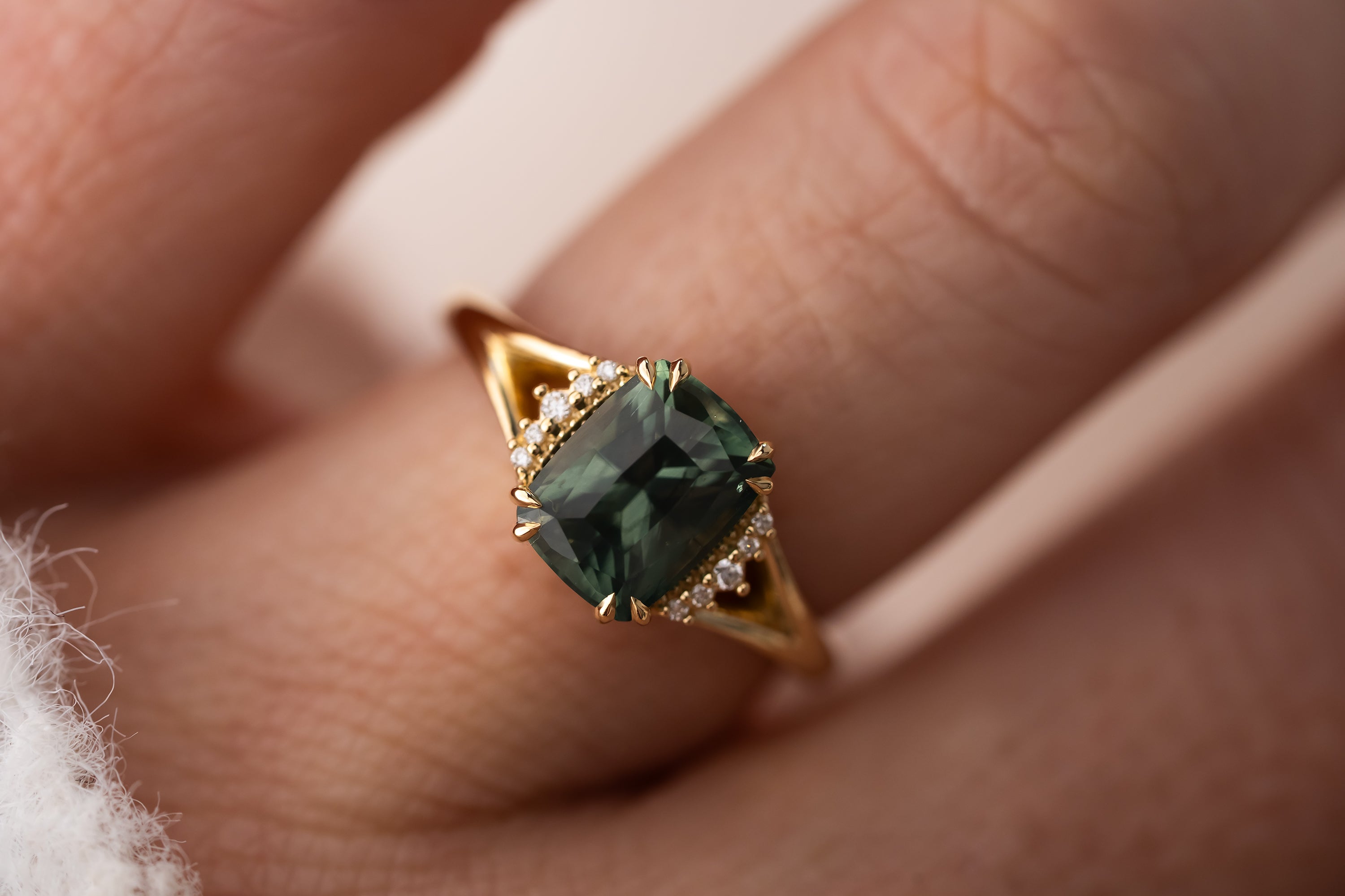 The Serendipity Ring | 2.57 CT Elongated Cushion Green Sapphire - Lavender Creek Gems