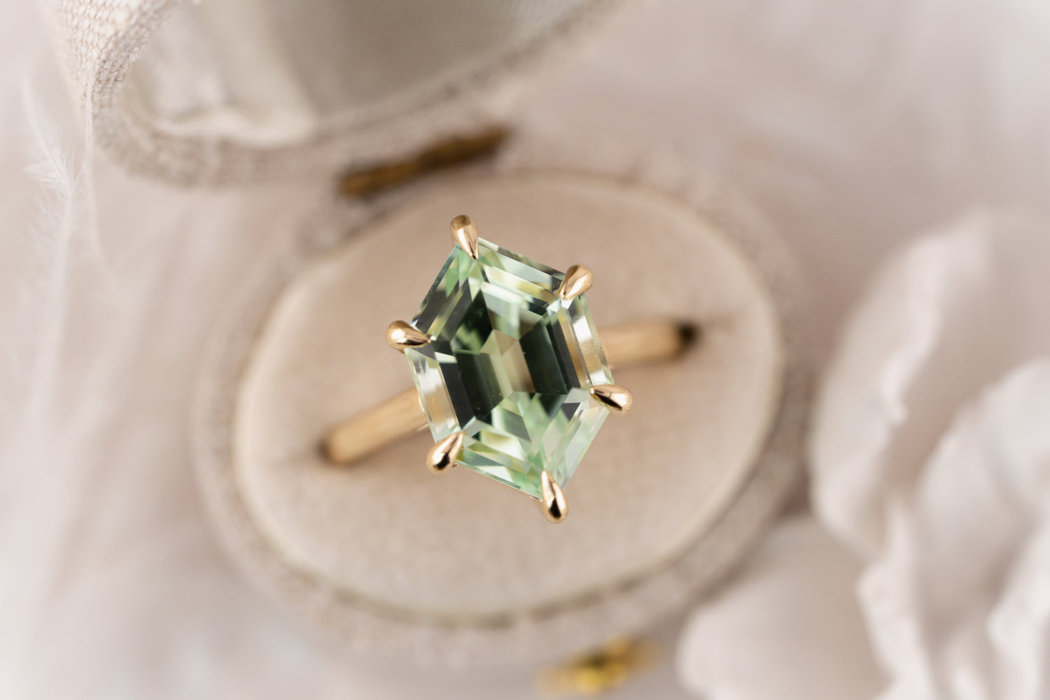 The Solitaire Ring | 5.78 CT Elongated Hexagon Mint Green Tourmaline - Lavender Creek Gems