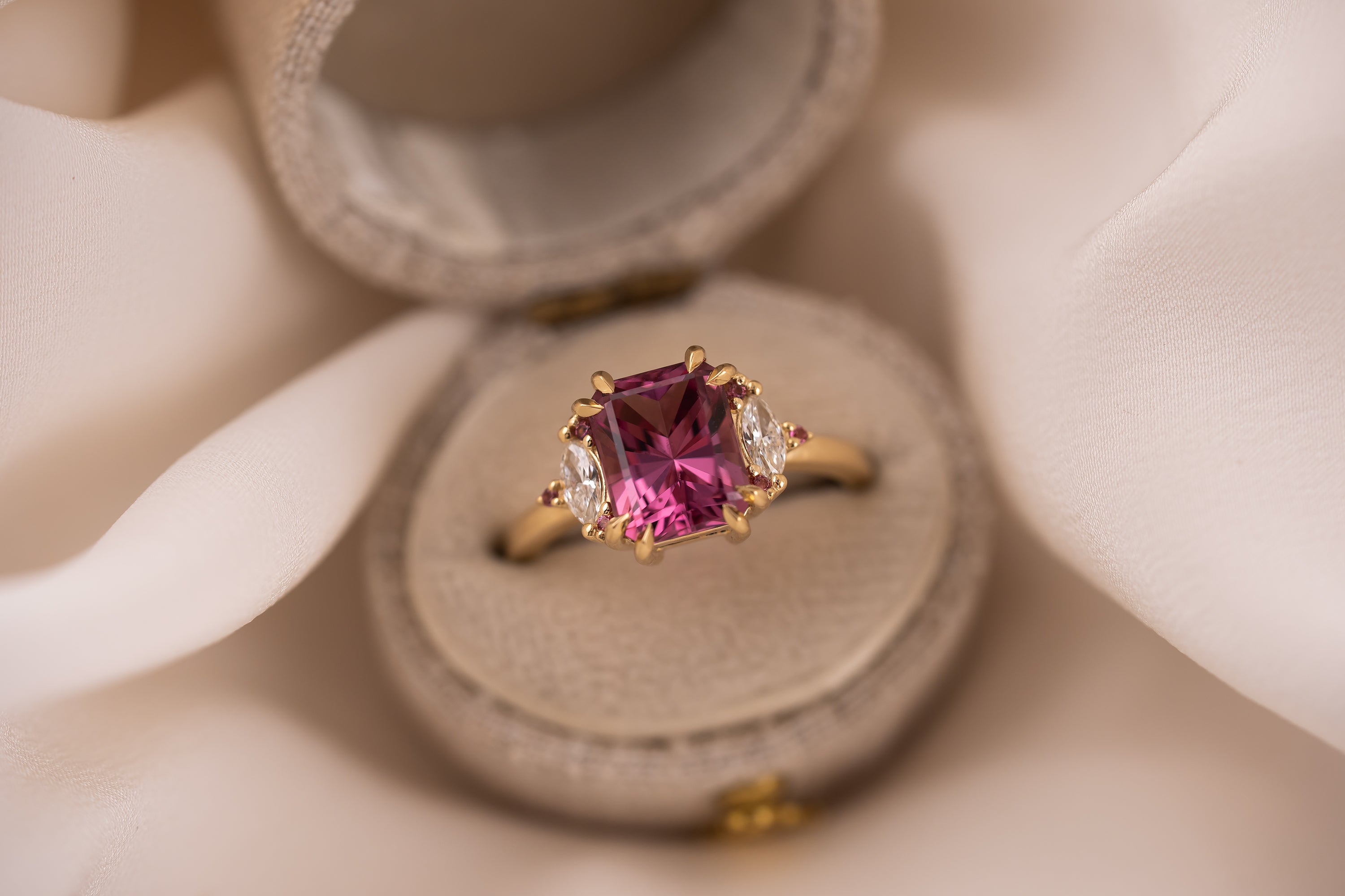 The Low Maren Ring | 3.15 CT Radiant Pink Garnet + Pink Tourmaline - Lavender Creek Gems
