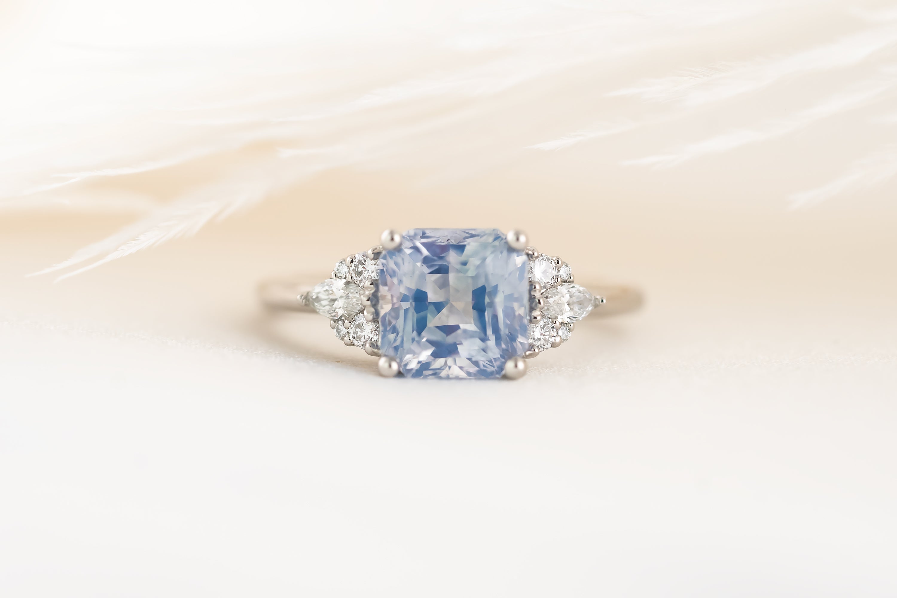 The Aya Ring | 3.5 CT Square Radiant Opalescent Light Blue Sapphire - Lavender Creek Gems