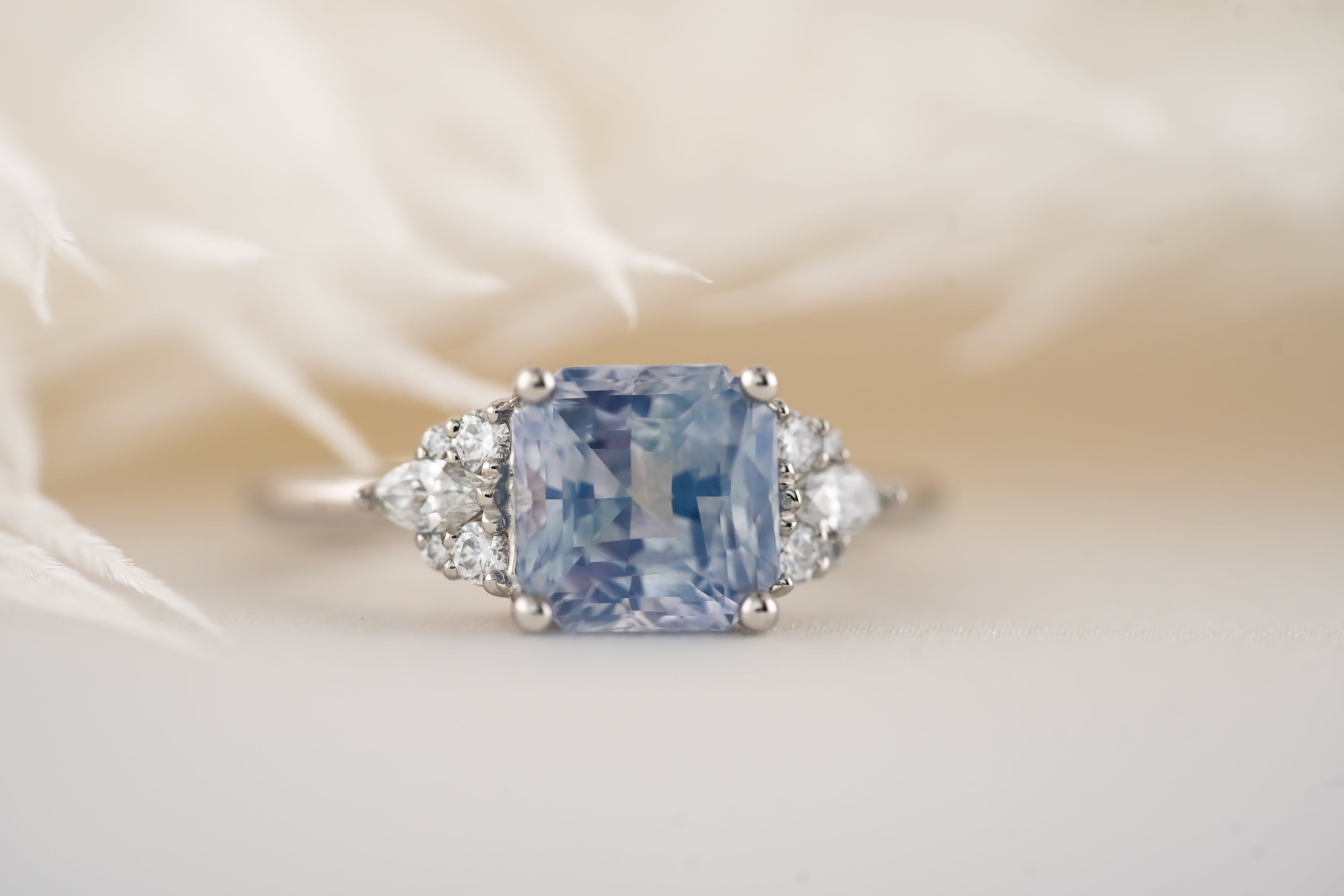 The Aya Ring | 3.5 CT Square Radiant Opalescent Light Blue Sapphire - Lavender Creek Gems