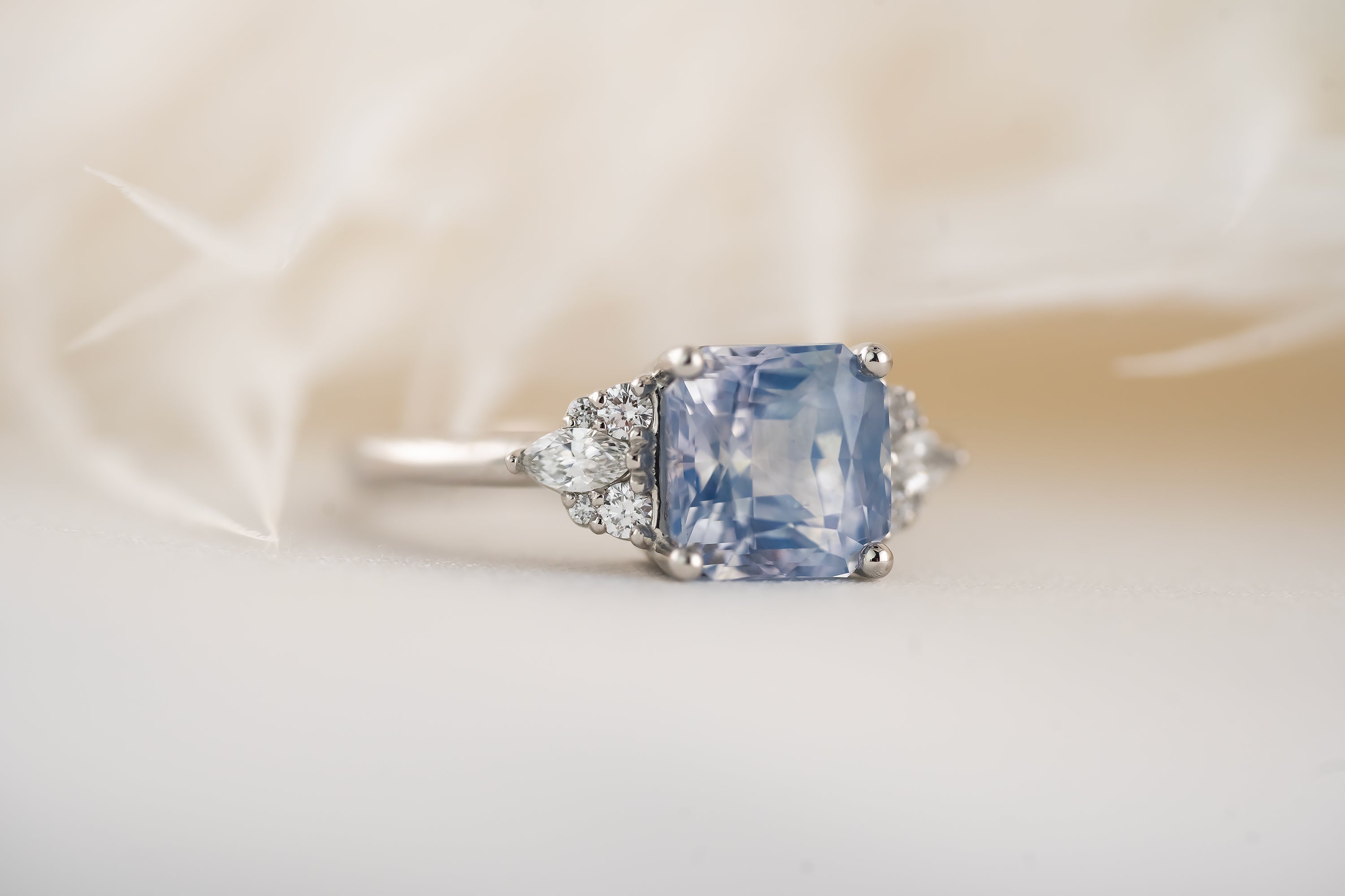 The Aya Ring | 3.5 CT Square Radiant Opalescent Light Blue Sapphire - Lavender Creek Gems