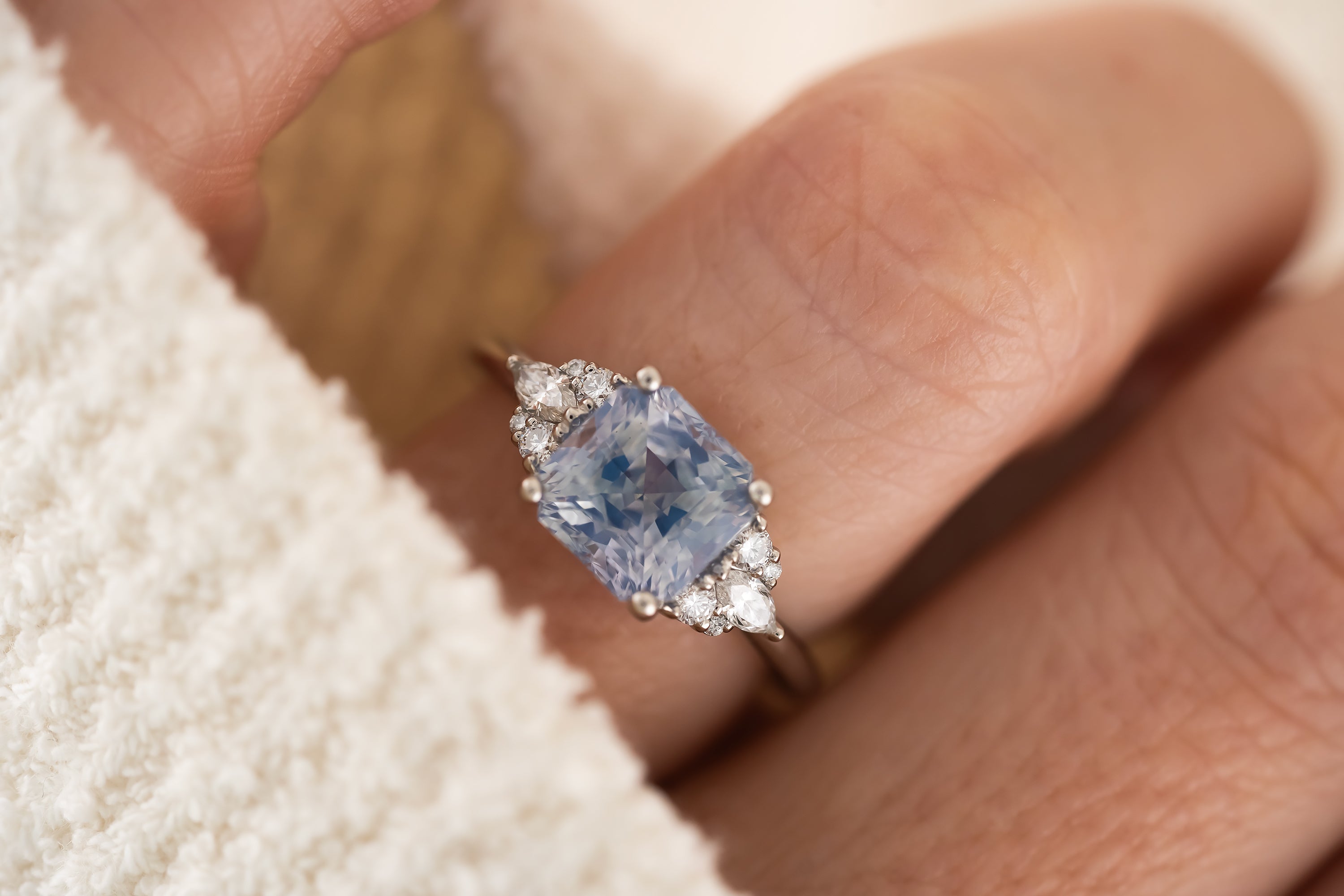 The Aya Ring | 3.5 CT Square Radiant Opalescent Light Blue Sapphire - Lavender Creek Gems