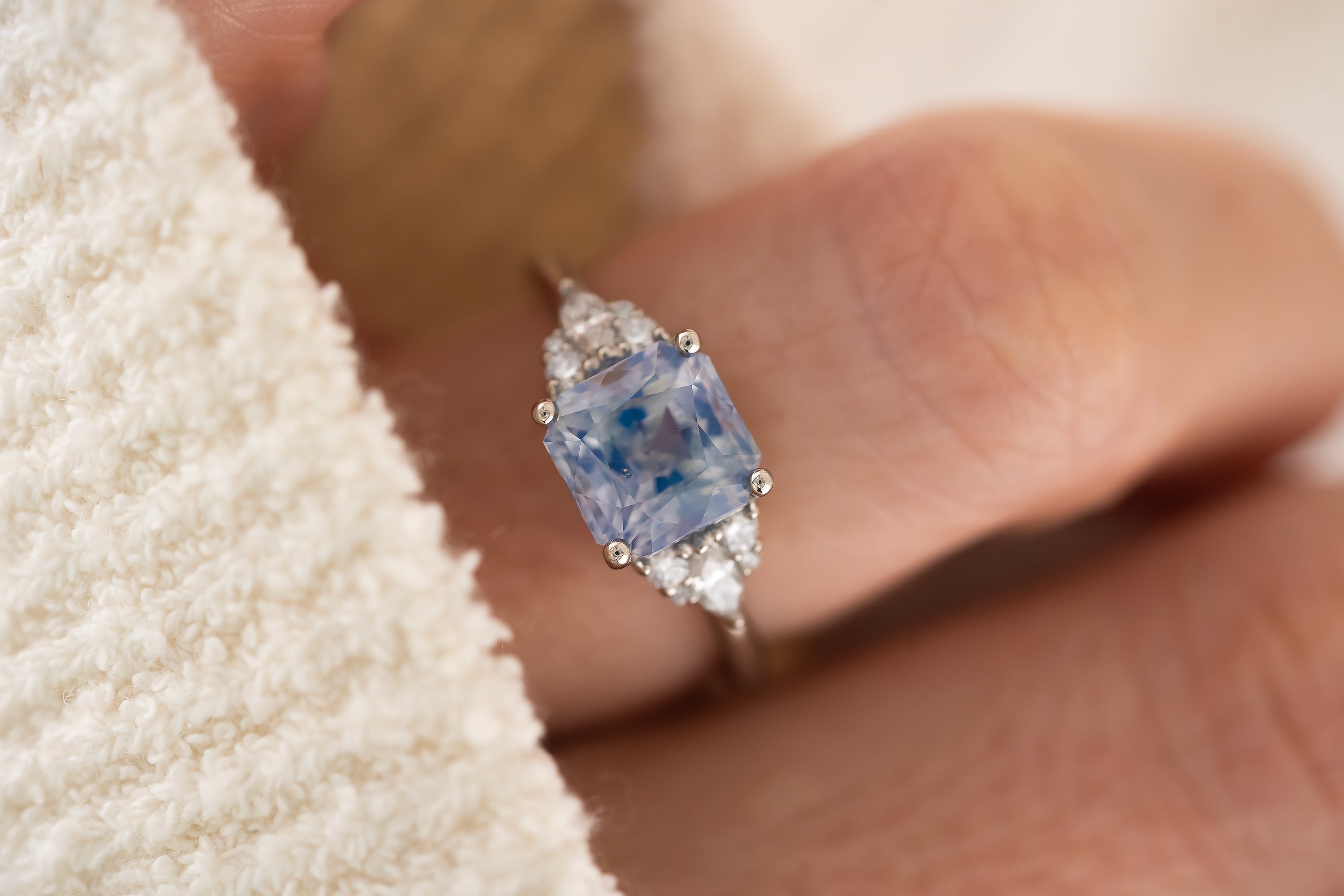 The Aya Ring | 3.5 CT Square Radiant Opalescent Light Blue Sapphire - Lavender Creek Gems