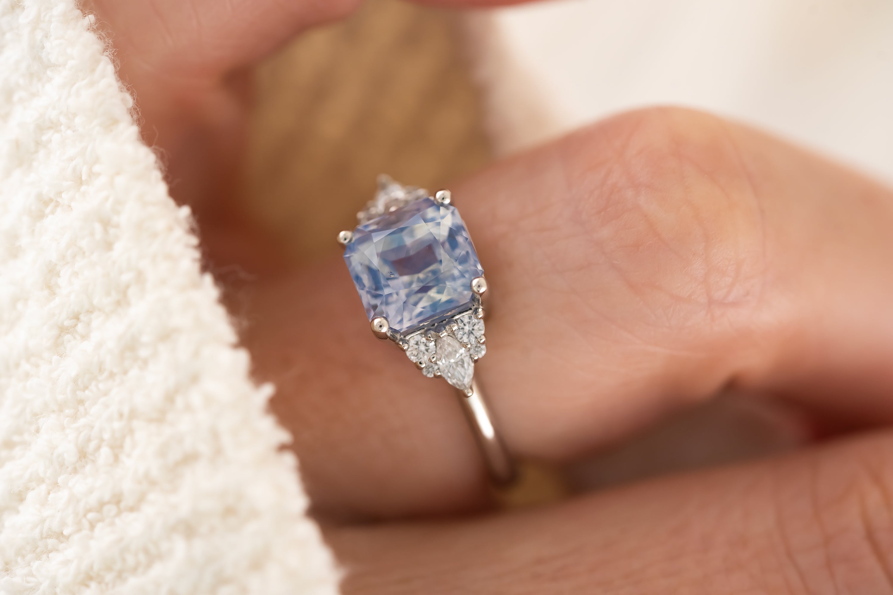 The Aya Ring | 3.5 CT Square Radiant Opalescent Light Blue Sapphire - Lavender Creek Gems
