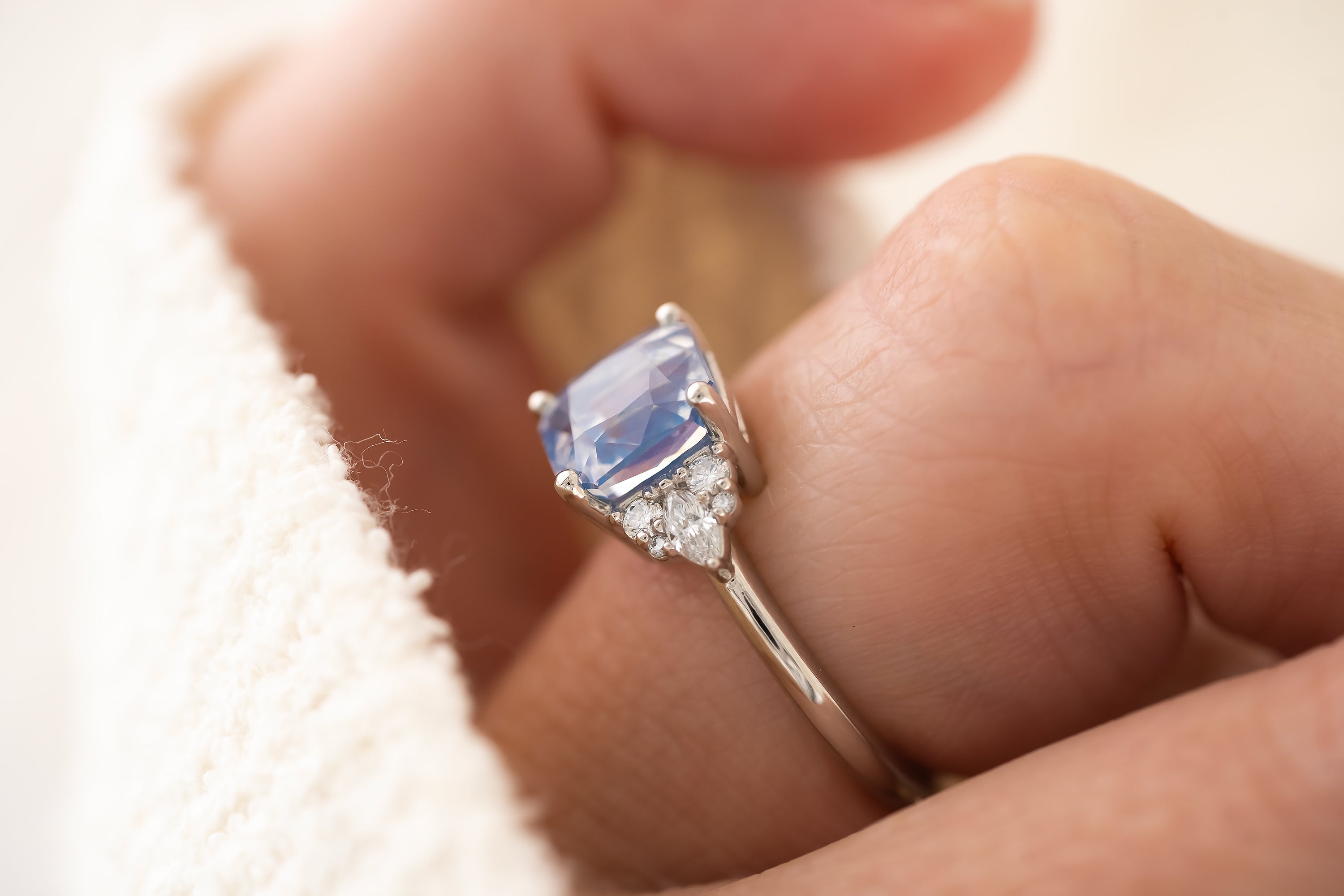 The Aya Ring | 3.5 CT Square Radiant Opalescent Light Blue Sapphire - Lavender Creek Gems