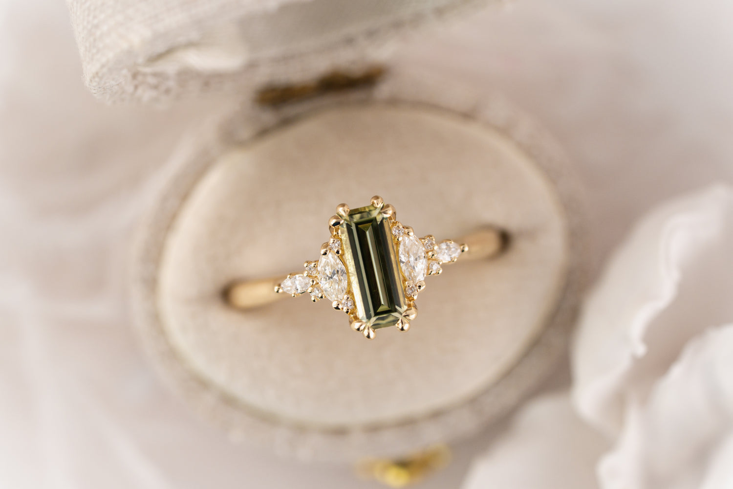 The Maeve Ring | 0.78 CT Baguette Light Green Sapphire - Lavender Creek Gems