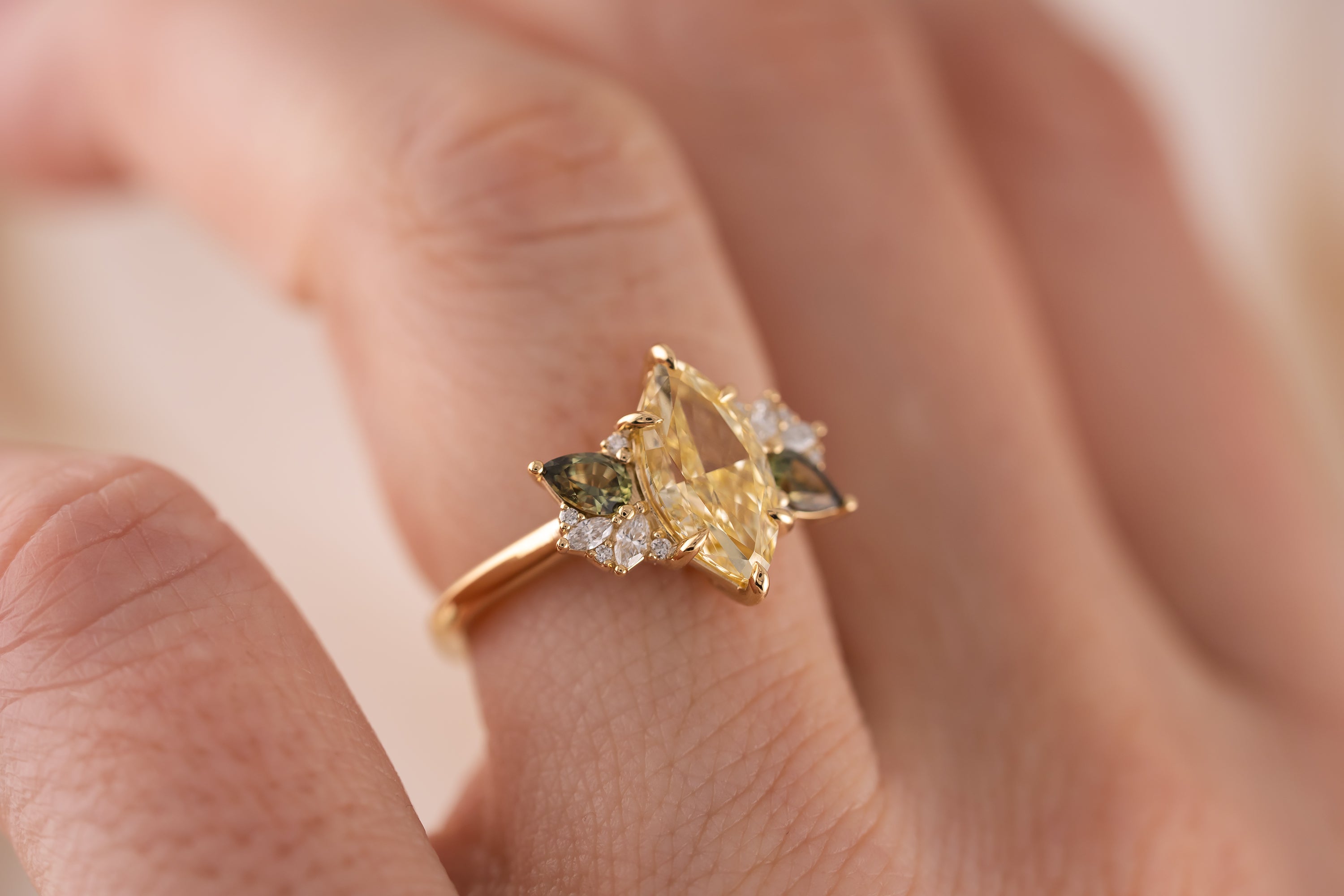 The Fleur Ring | 2.03 CT Marquise Yellow Diamond + Dark Green Sapphire - Lavender Creek Gems