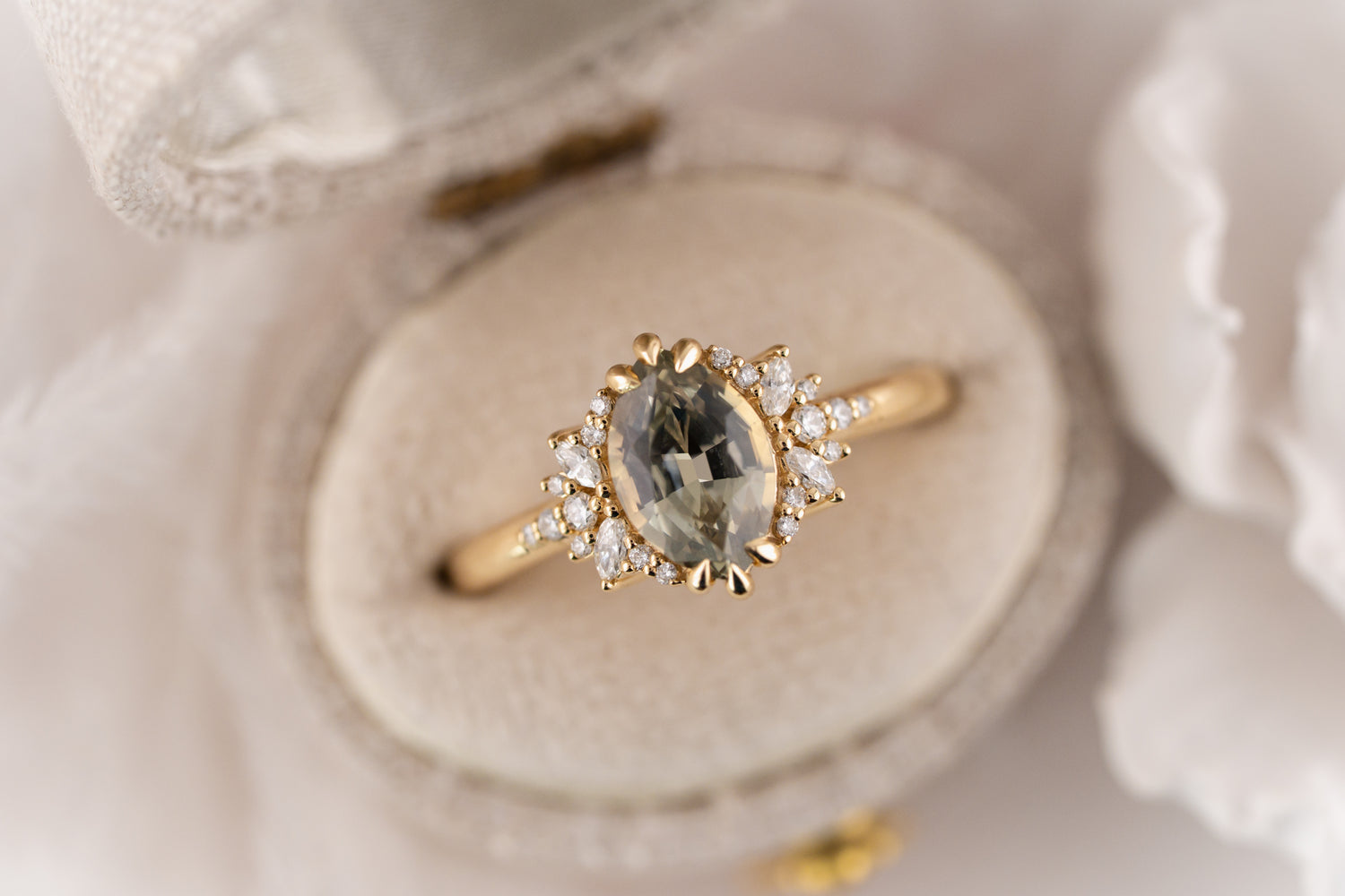 The Reverie Ring | 1.61 CT Marquise Gray Green Sapphire - Lavender Creek Gems