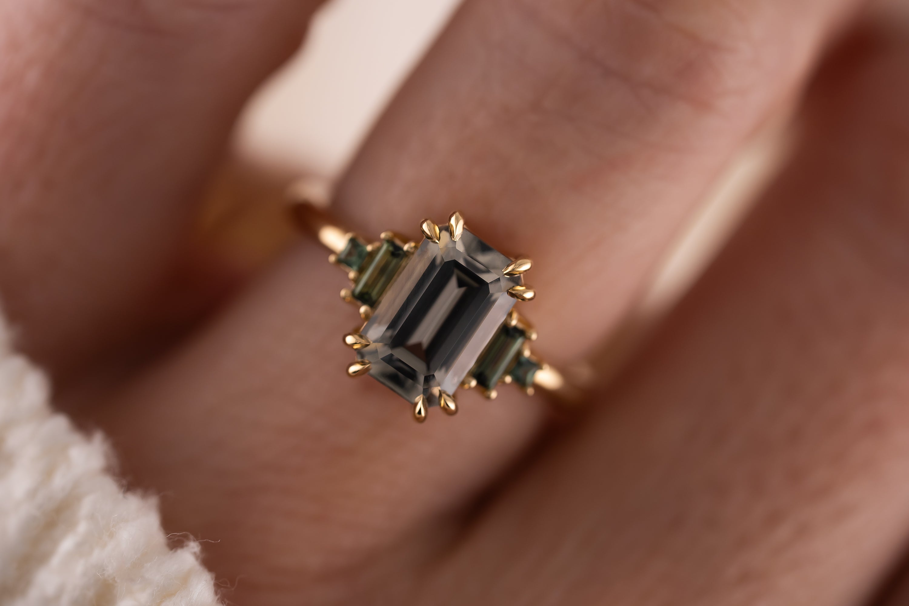 The Mira Ring | 2.98 CT Emerald Cut Steel/Green Sapphire - Lavender Creek Gems