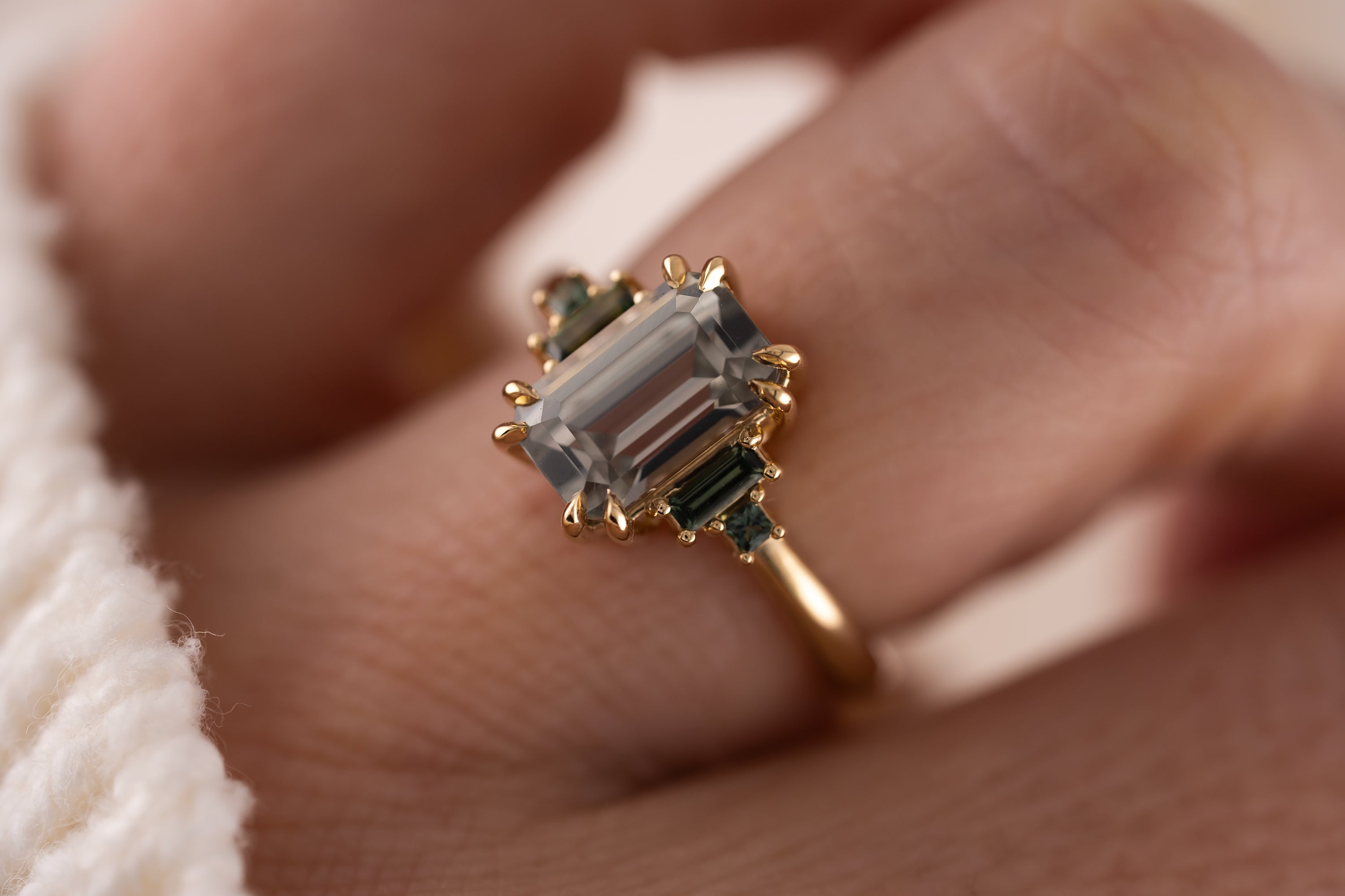 The Mira Ring | 2.98 CT Emerald Cut Steel/Green Sapphire - Lavender Creek Gems