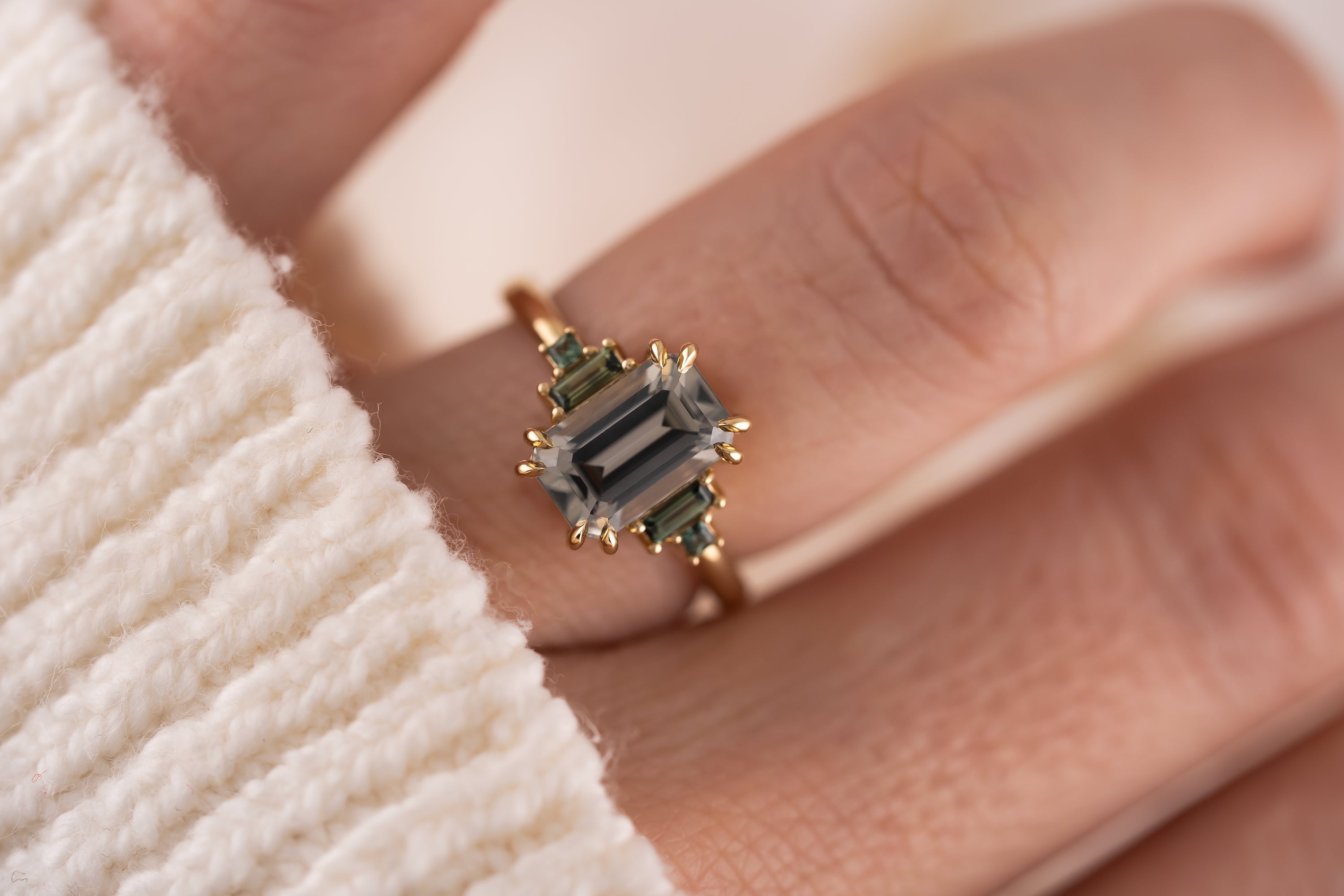 The Mira Ring | 2.98 CT Emerald Cut Steel/Green Sapphire - Lavender Creek Gems