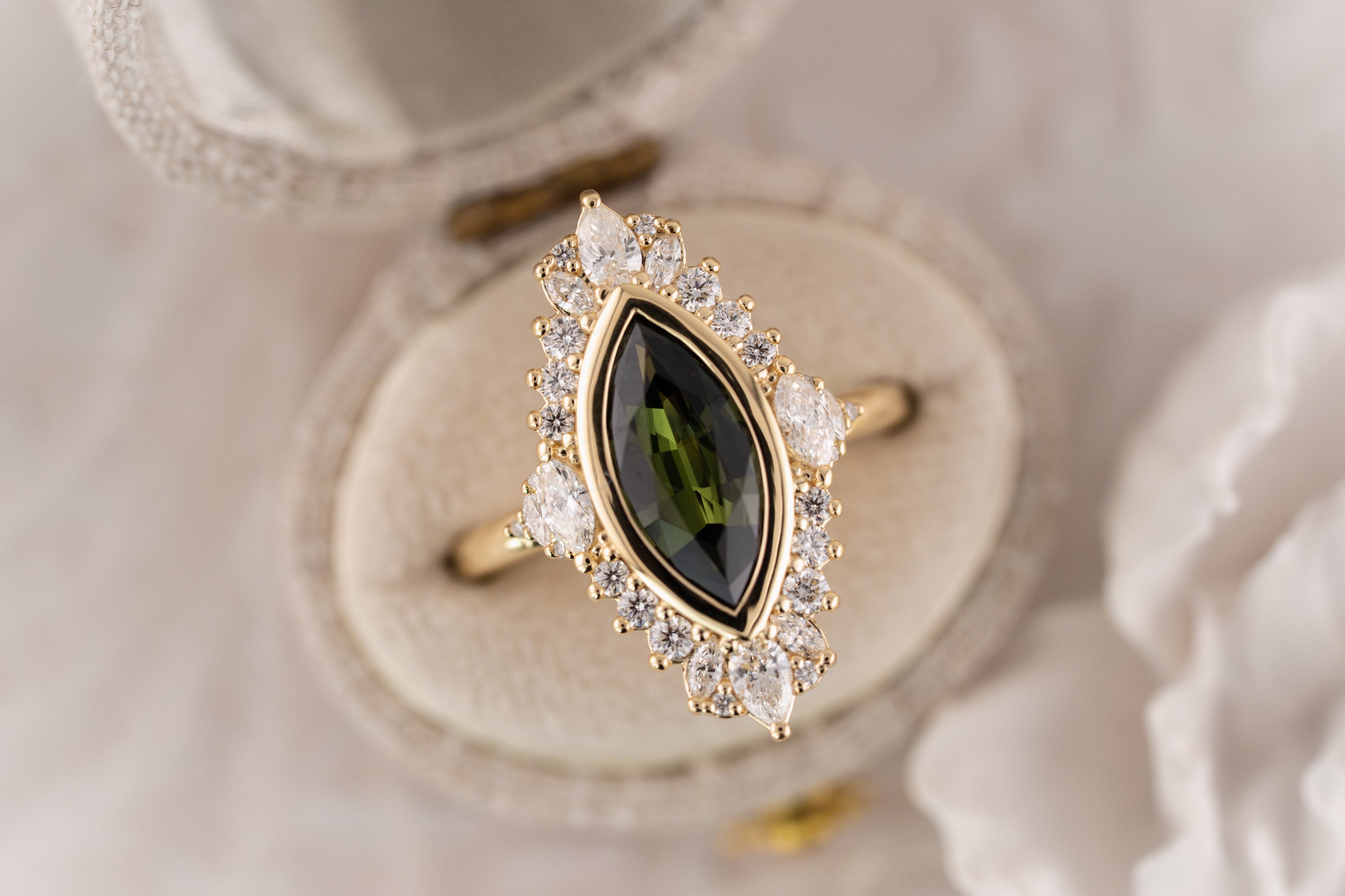 The Ethereal Ring | 1.76 CT Marquise Forest Green Sapphire