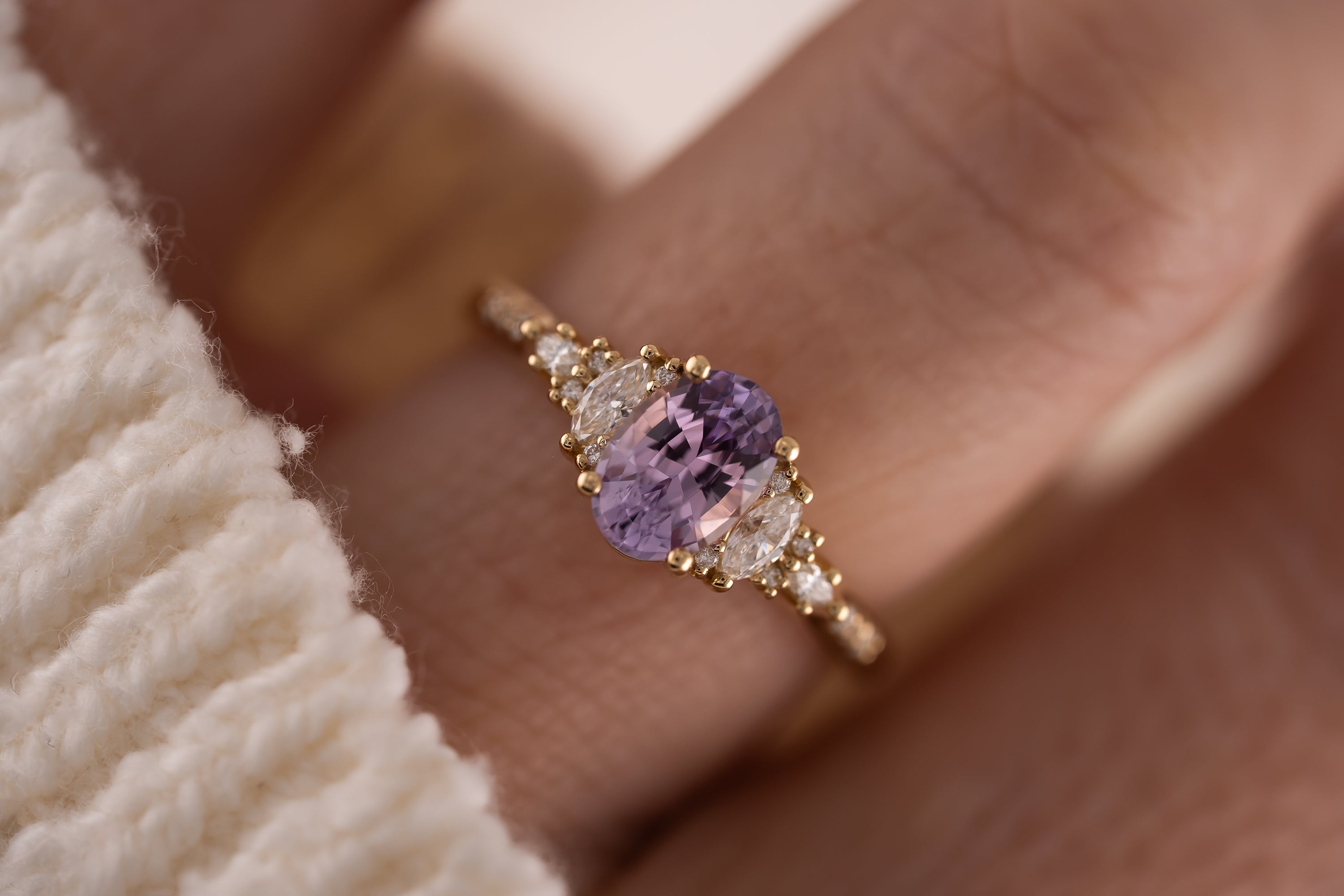 The Maeve Ring | 1.24 Oval Lavender Sapphire Maeve | Accented Shank - Lavender Creek Gems