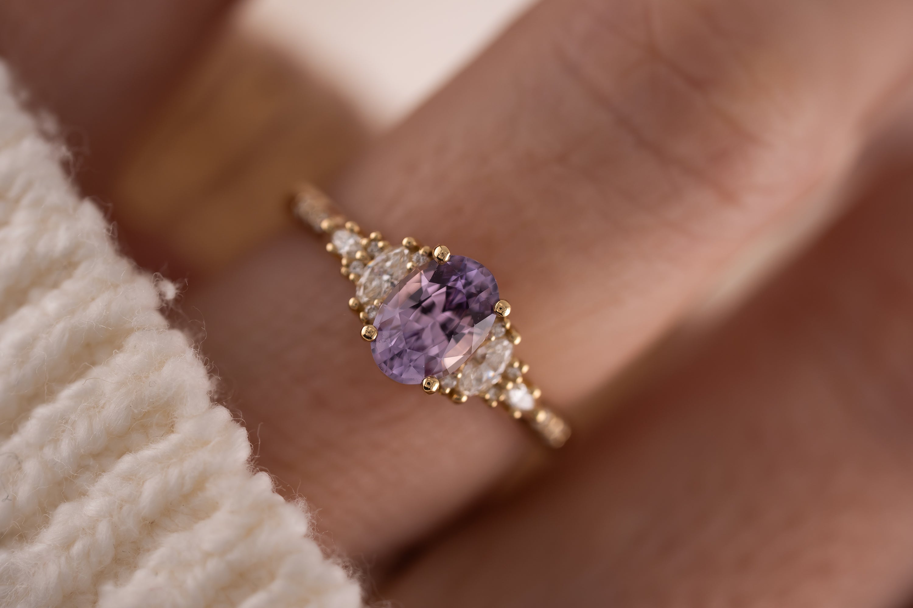 The Maeve Ring | 1.24 Oval Lavender Sapphire Maeve | Accented Shank - Lavender Creek Gems