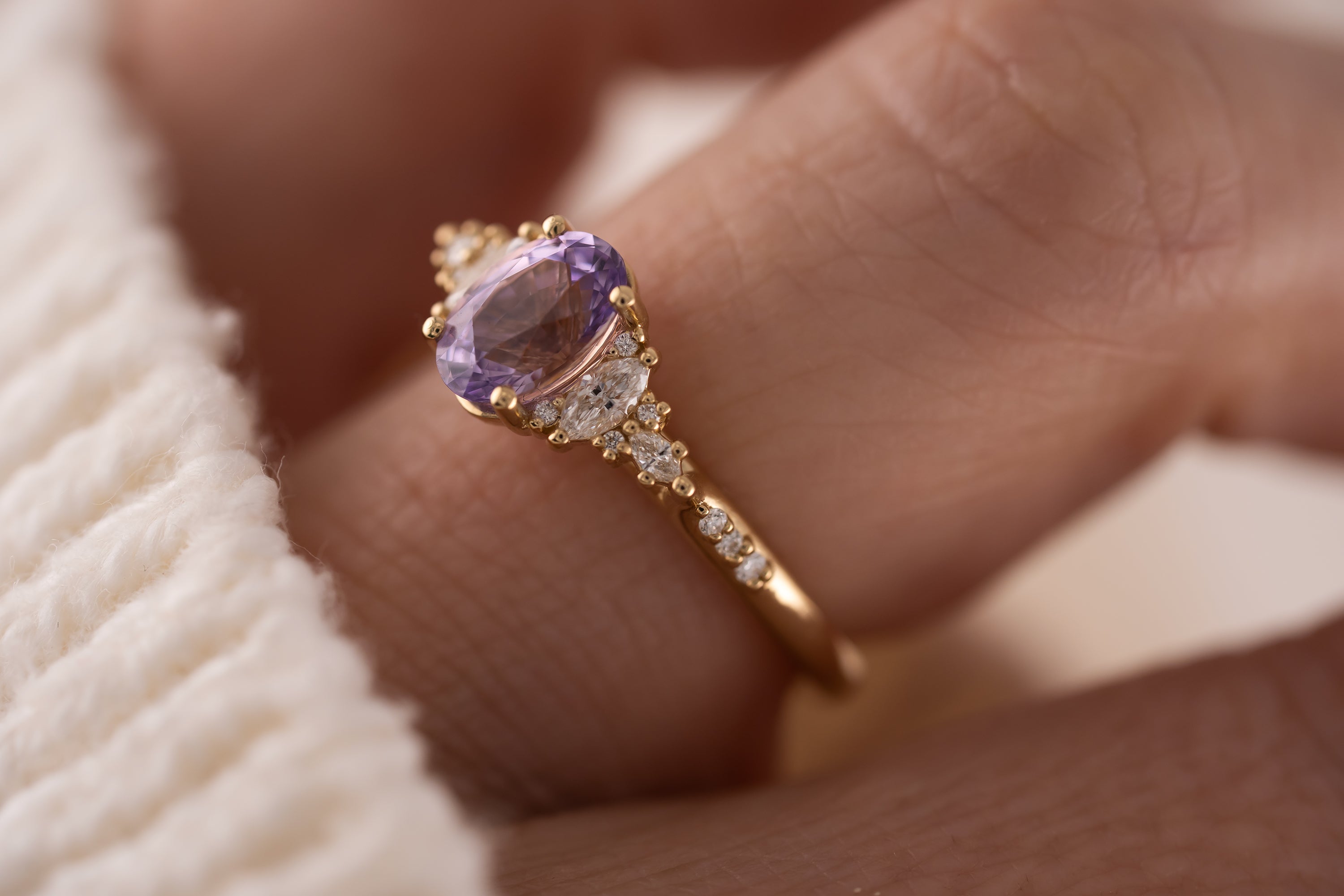 The Maeve Ring | 1.24 Oval Lavender Sapphire Maeve | Accented Shank - Lavender Creek Gems
