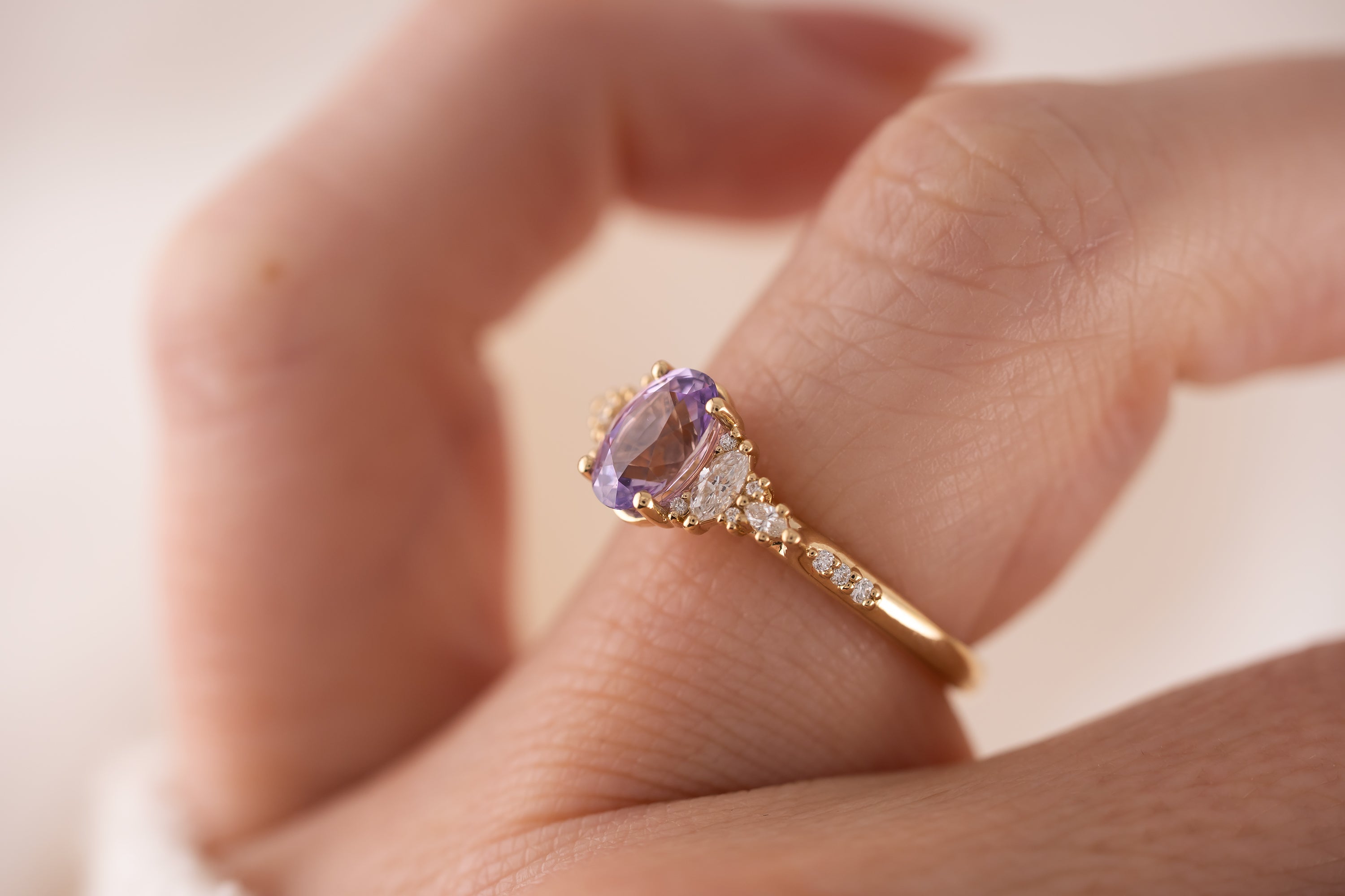 The Maeve Ring | 1.24 Oval Lavender Sapphire Maeve | Accented Shank - Lavender Creek Gems