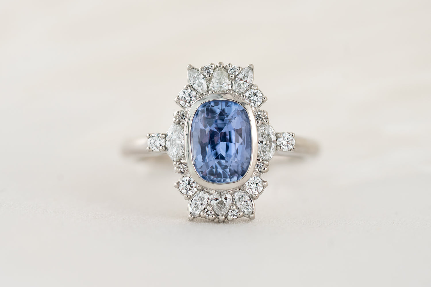 The Lace Ring | 2 CT Elongated Cushion Light Blue Sapphire - Lavender Creek Gems
